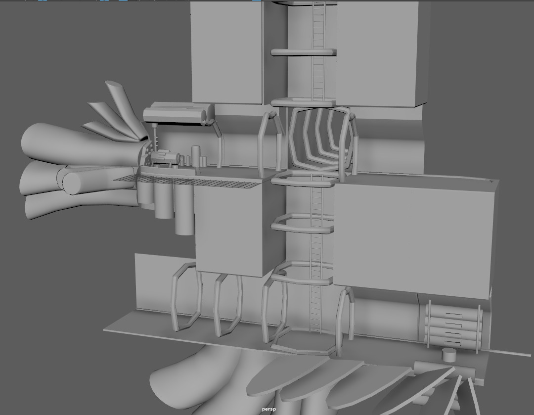 A 3D model screenshot from Maya. Shows a “dissection”-like look of a spaceship and its corridors.
