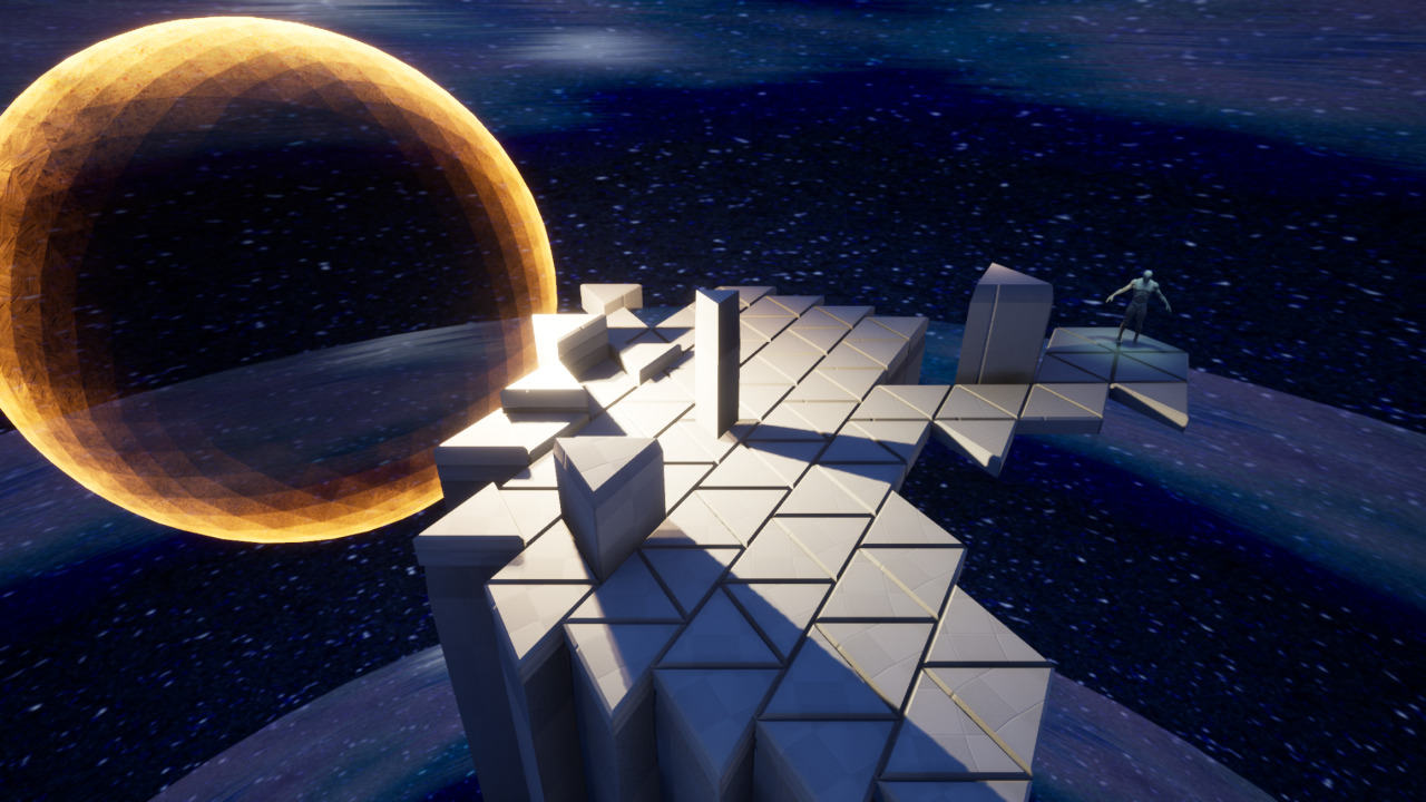 Starry, blue outer space background. Triangular land pieces to the foreground with placeholder, gray material. To the left is a holographic looking, orange sphere (a sun).