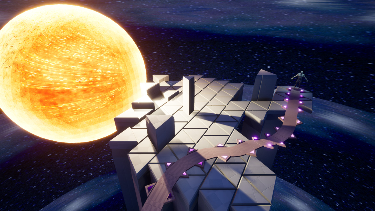 Same angle screenshot as before. Now the sun sphere is filled in with proper material shader and looks more like a surface of a star. On the gray tiles to the right now there is also a pink path.