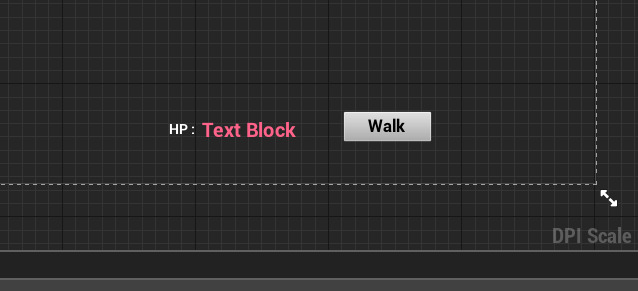 Screenshot from an UE4 widget / ui and ux editor. There is a red text block and a button with text “walk” on it.