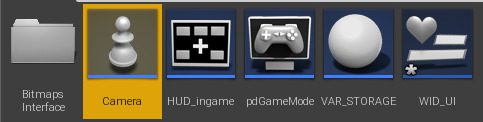 Project browser screenshot from UE4. Shows icons of a folder, camera, HUD, game mode, blueprint and a widget.