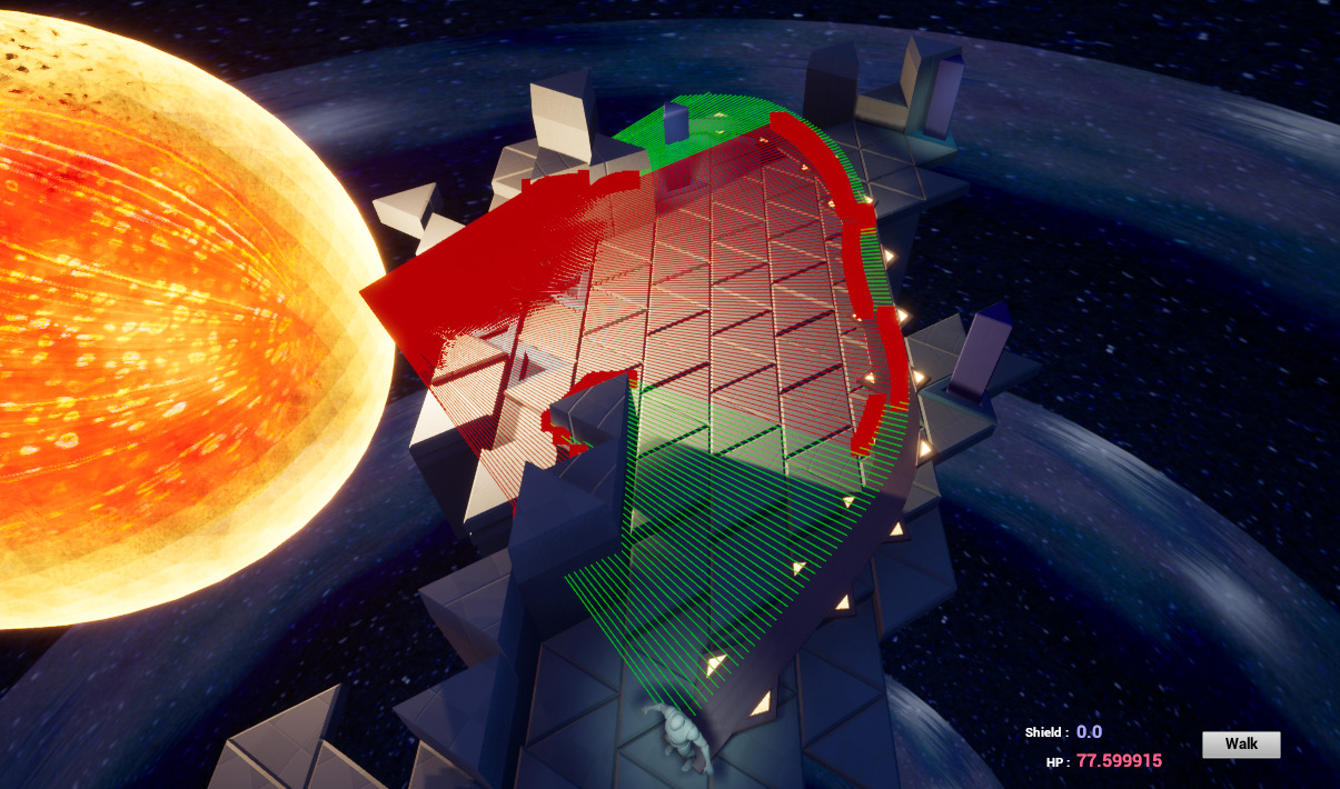 In-game screenshot with debug mode on. There is the giant sun and the land next to it. From the sun, ray traces go outwards and stop the moment they hit the player, or any other obstacle before that.