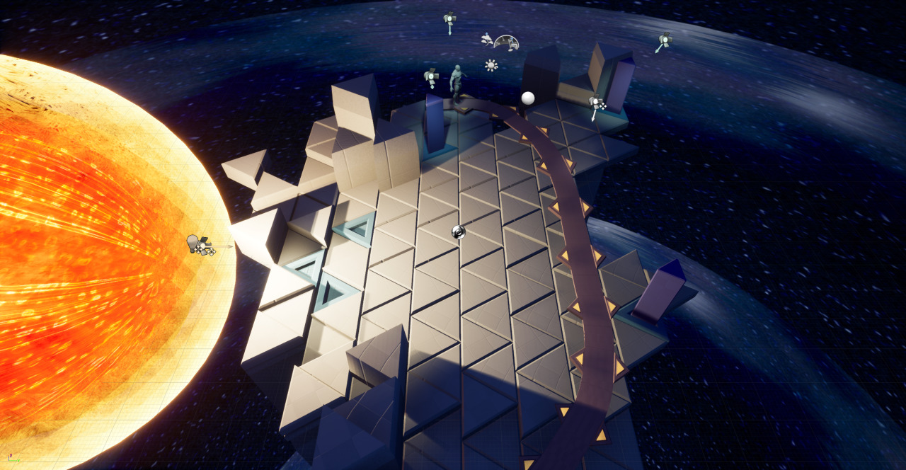 Screenshot from the UE4 prototype. Angle and subject is similar to the shots in the previous posts. Here, however, the visuals and tiles are more finalized. Big sun star to the left, throwing aggressive light on the gray tiles to the right. The light is more defined and the “shadow” areas are now much more obvious.