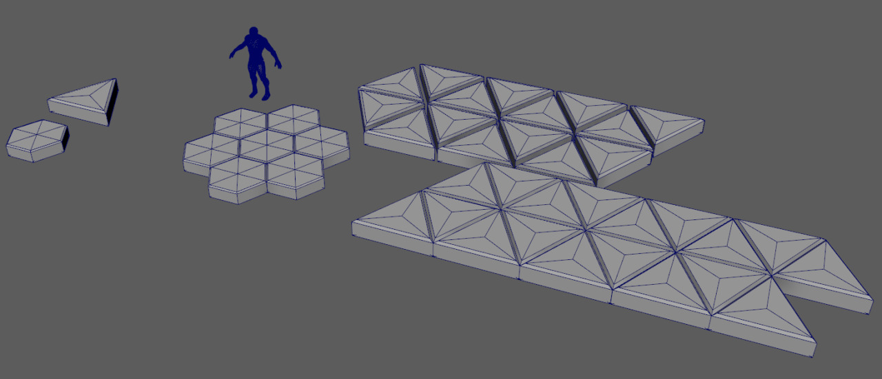Maya screenshot of a scene with an Unreal dummy seen from far. Next to the mannequin are different style of tiles - hex, triangular, beveled and more.