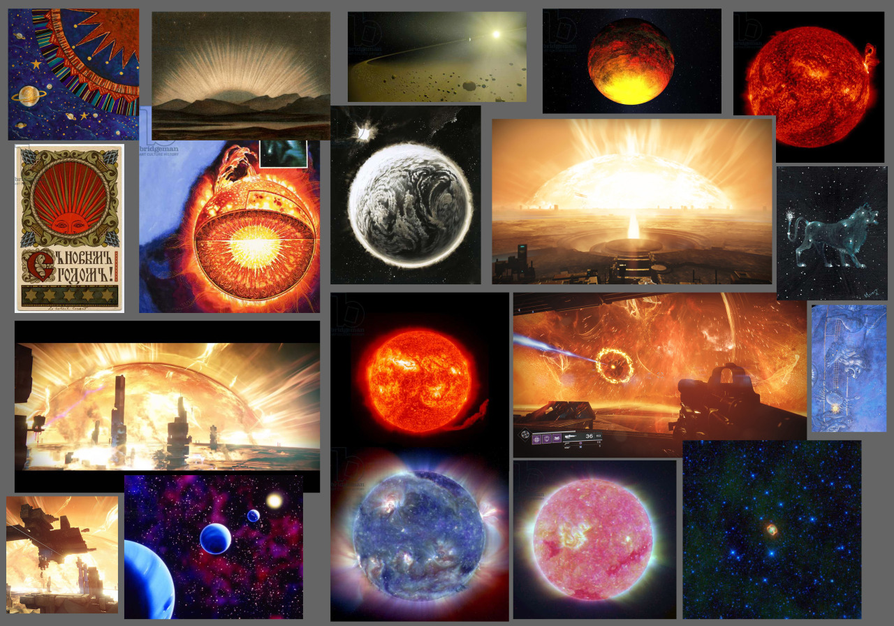 Reference sheet featuring various screenshot, old paintings and images of planets, suns and stars. Some are fantastic in nature, others are scientific.