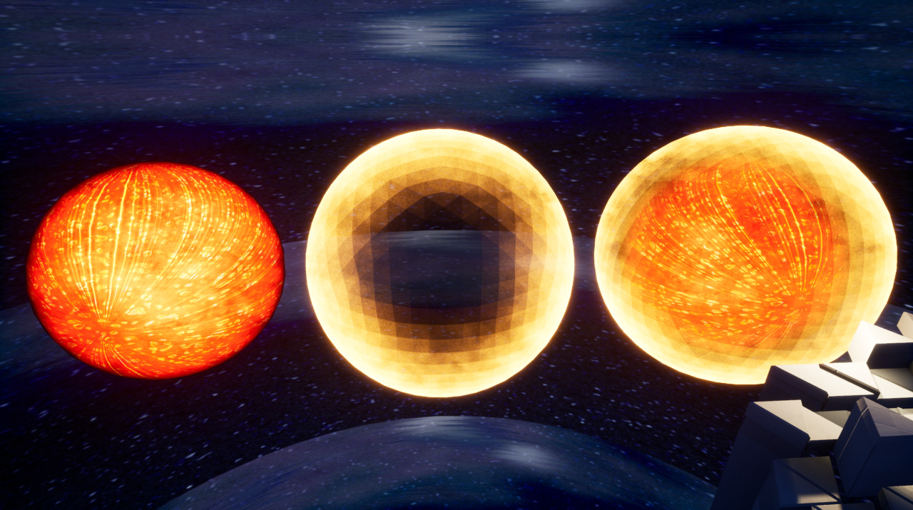 Unreal 4 screenshot showing 3 spheres colored in reds and oranges. First has magma like texture. Second one has a “stepped”, lowpoly and holographic look. Third one is a combination of one and two.