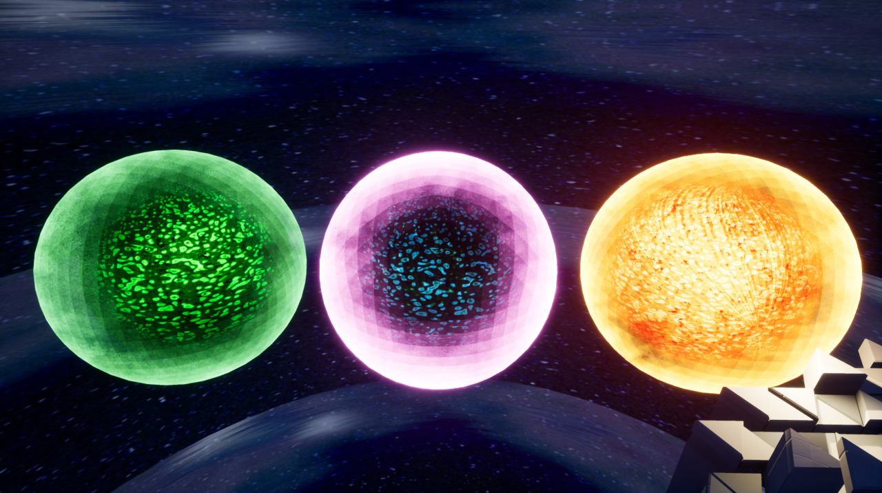 Screenshot similar to the previous one. Three spheres but now each has different color. First one is green, second is a discordant combination of purple and blue and third one is overpowering yellow with splash of tiny oranges. 