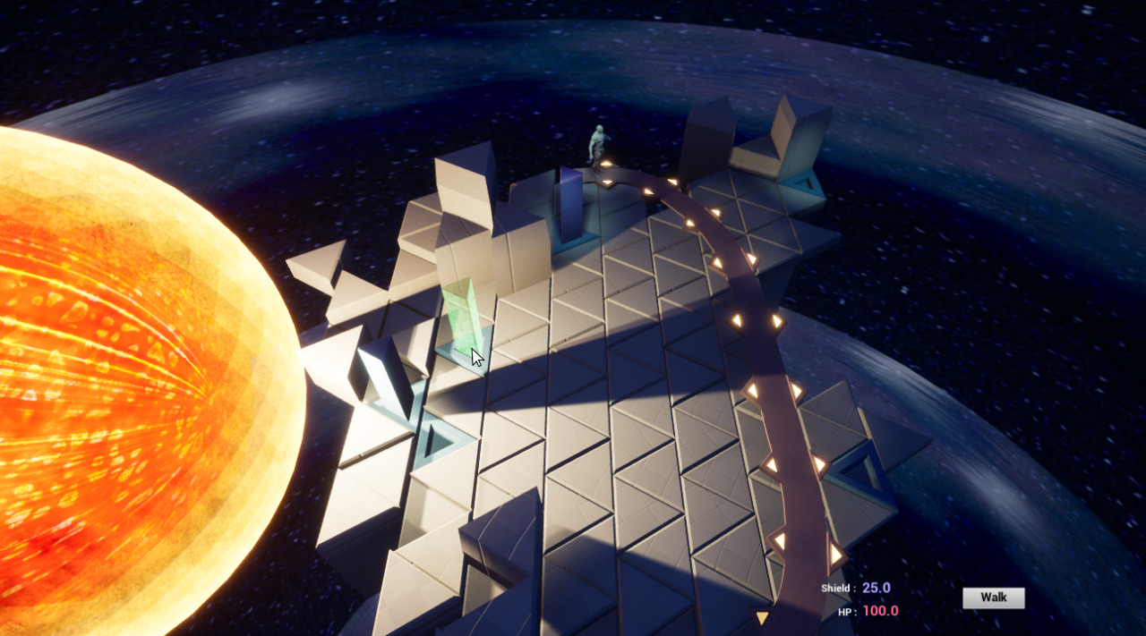 Screenshot from the game showing the tiles and a sun next to them. The mouse cursor is hovered over a specific tile that has a triangular gap inside. With the mouse being there, a holographic, green, obstacle tile shows on top. It’s an indication that the tile is a valid placement. (like in an RTS)