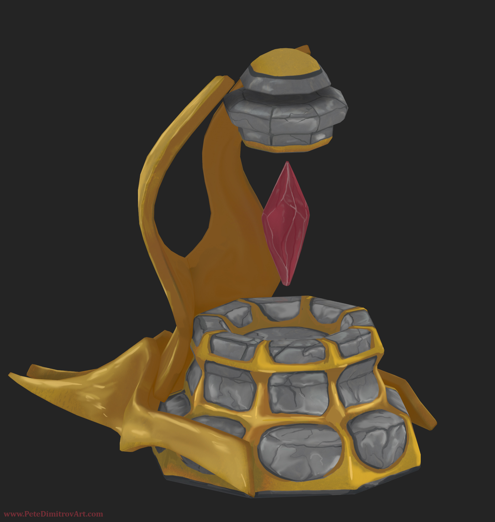 A screenshot of a lamp post with a floating crystal in the middle. The base of the prop is stone and it has a wing of gold and hand painted gold motives.
