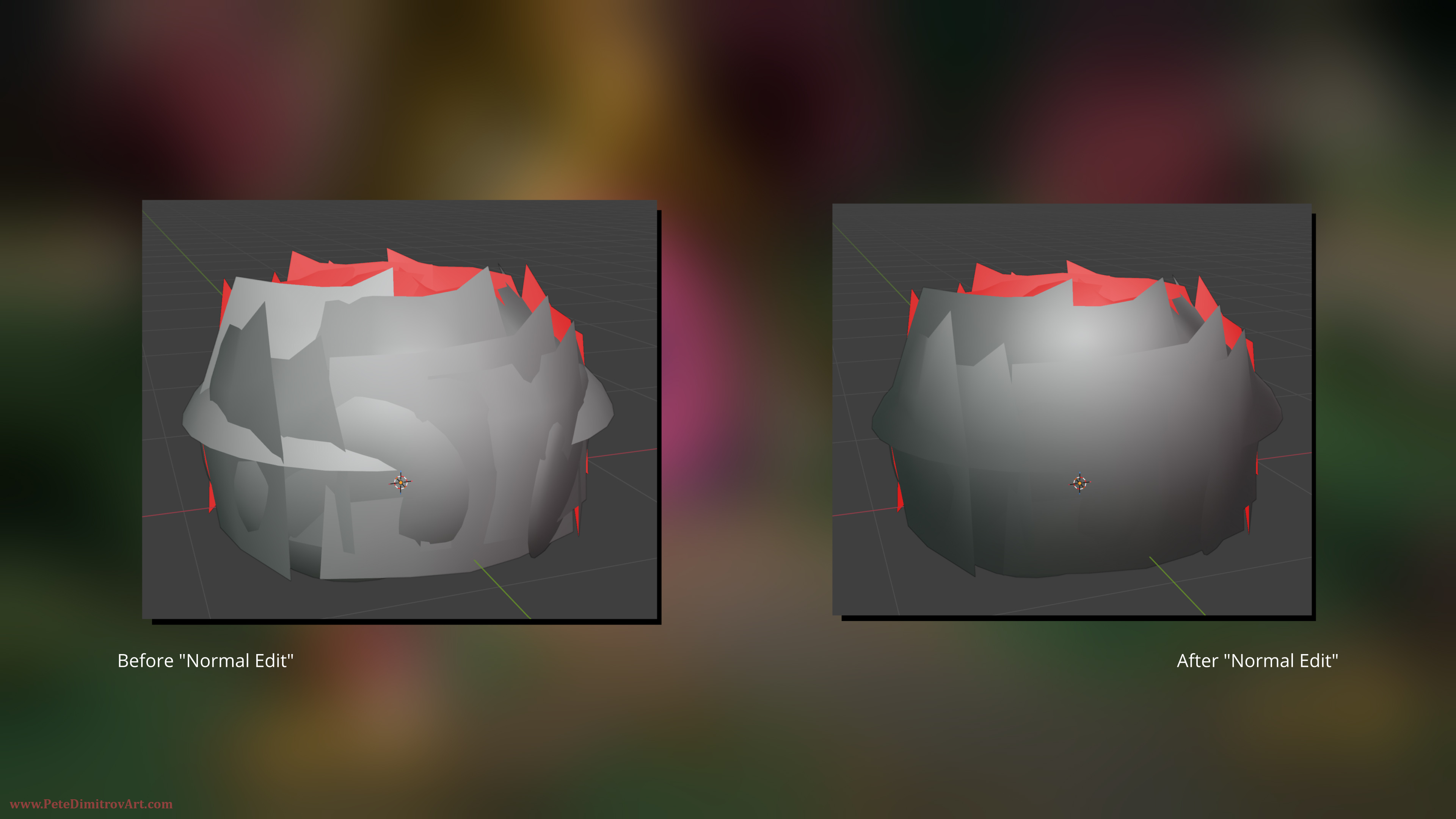 Screenshot showing a bush prop. On the image in the left, it has lots of seams. On the image in the right, the seams are mostly gone.