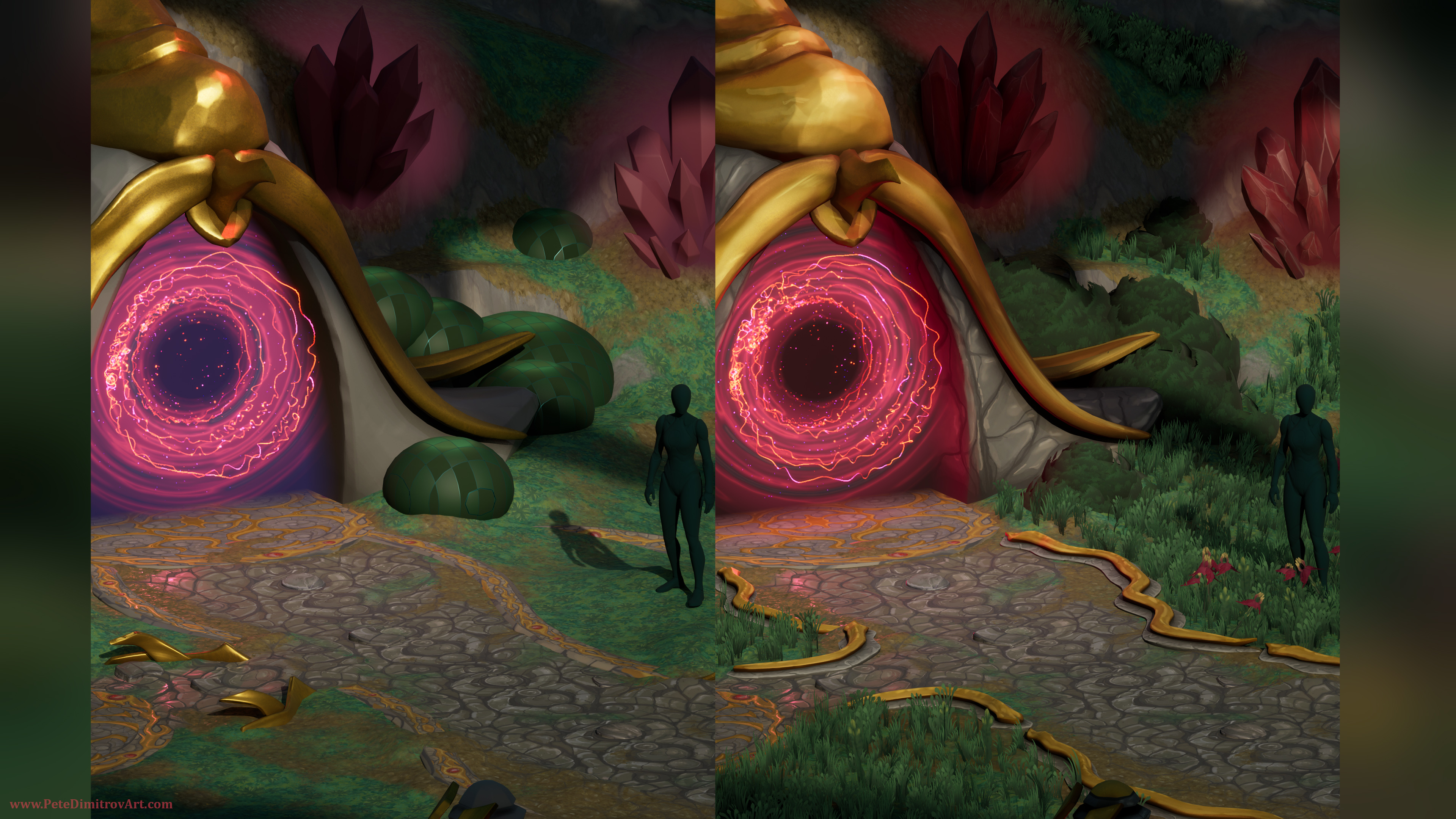 Image collage that has two cuts showing the red portal. On the left, the colors are more purple and pink. On the right, the portal is more scarlet red. The sides of the cobblestone path also have golden snakes in the right side version.