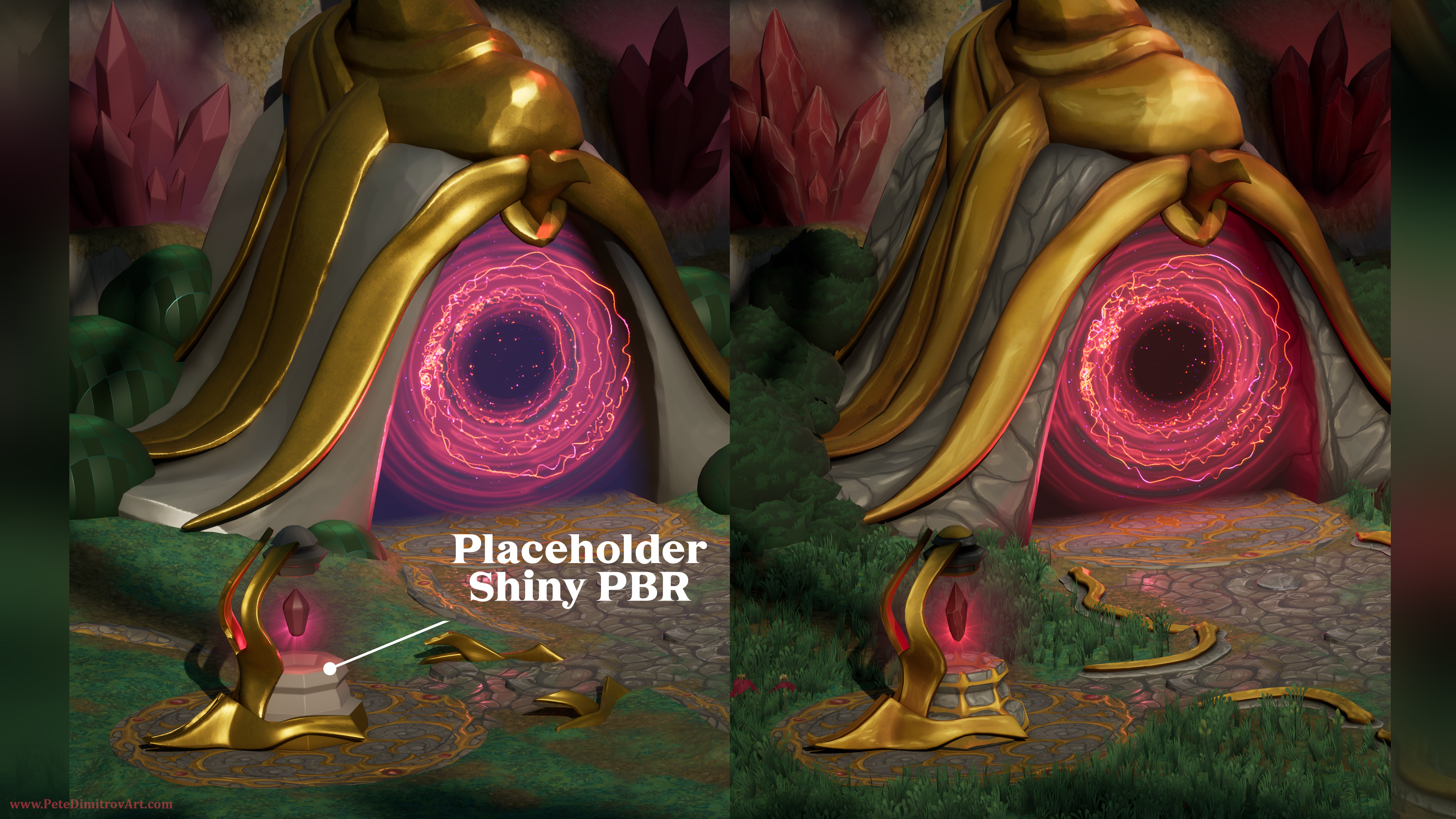 A different angle of the previous two shots, again put in comparison. The stone gate is seen with a placeholder material in the first image, while in the second one, on the right, it has better painted stone surfaces. An arrow points to one of the crystal lamps and spells out how left version is placeholder with shiny PBR. The right side has hand painted gold textures instead.