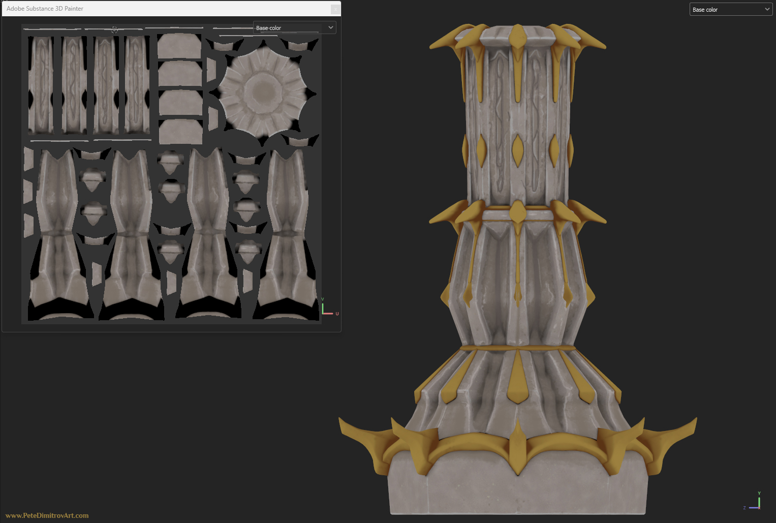 A Substance Painter screenshot that shows the body of the tower from an orthographic camera angle. On the left, there is the texture quadrant showing the UVs with the hand painting on top. The tower is tinted in warm colors that remind of sandstone.