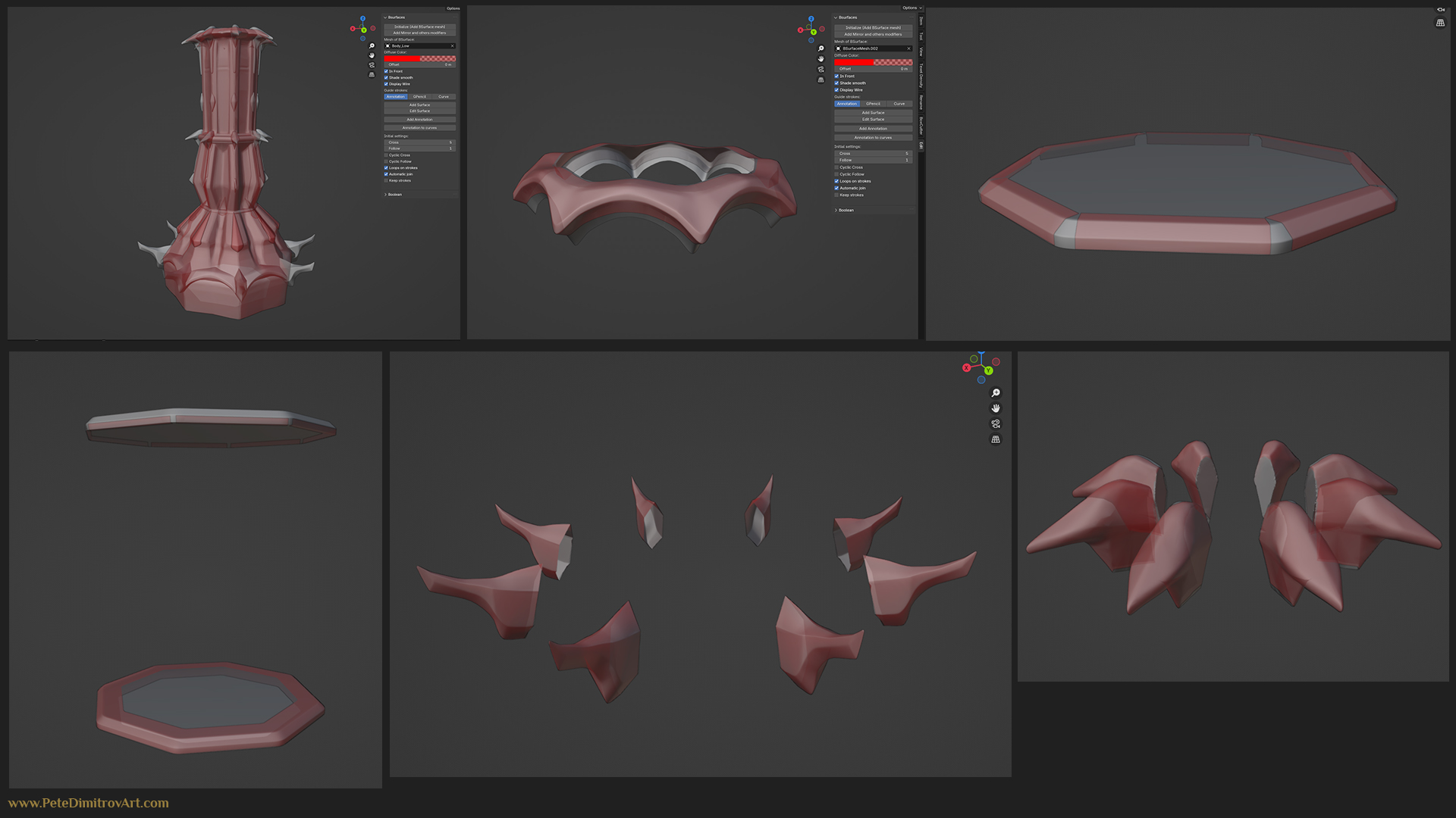 An image collage that consists of six Blender screenshots. First one shows the tall body of the tower, all in red. The red placeholder material showcases the hand retopologised pieces of the tower. The next picture shows a loop of geometry that would be the golden trims. Third image shows a flat, eight sided trim. One after is similar. The image then shows lots of spikes.