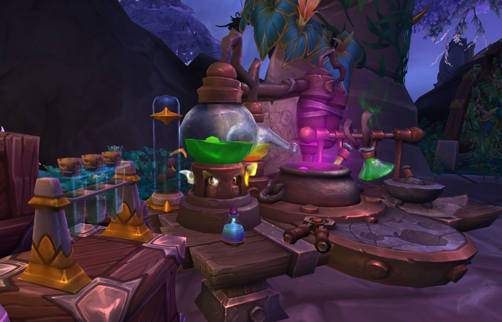 A screenshot from WoW that showcases an Alchemy profession table. Those are the ones that were introduced into the game in Dragonflight. Image shows a bunch of lowpoly, hand-painted wooden table props. On top of them sit potions, vials and other alchemy 3D assets. They are colored in green, blue, yellow and purple.