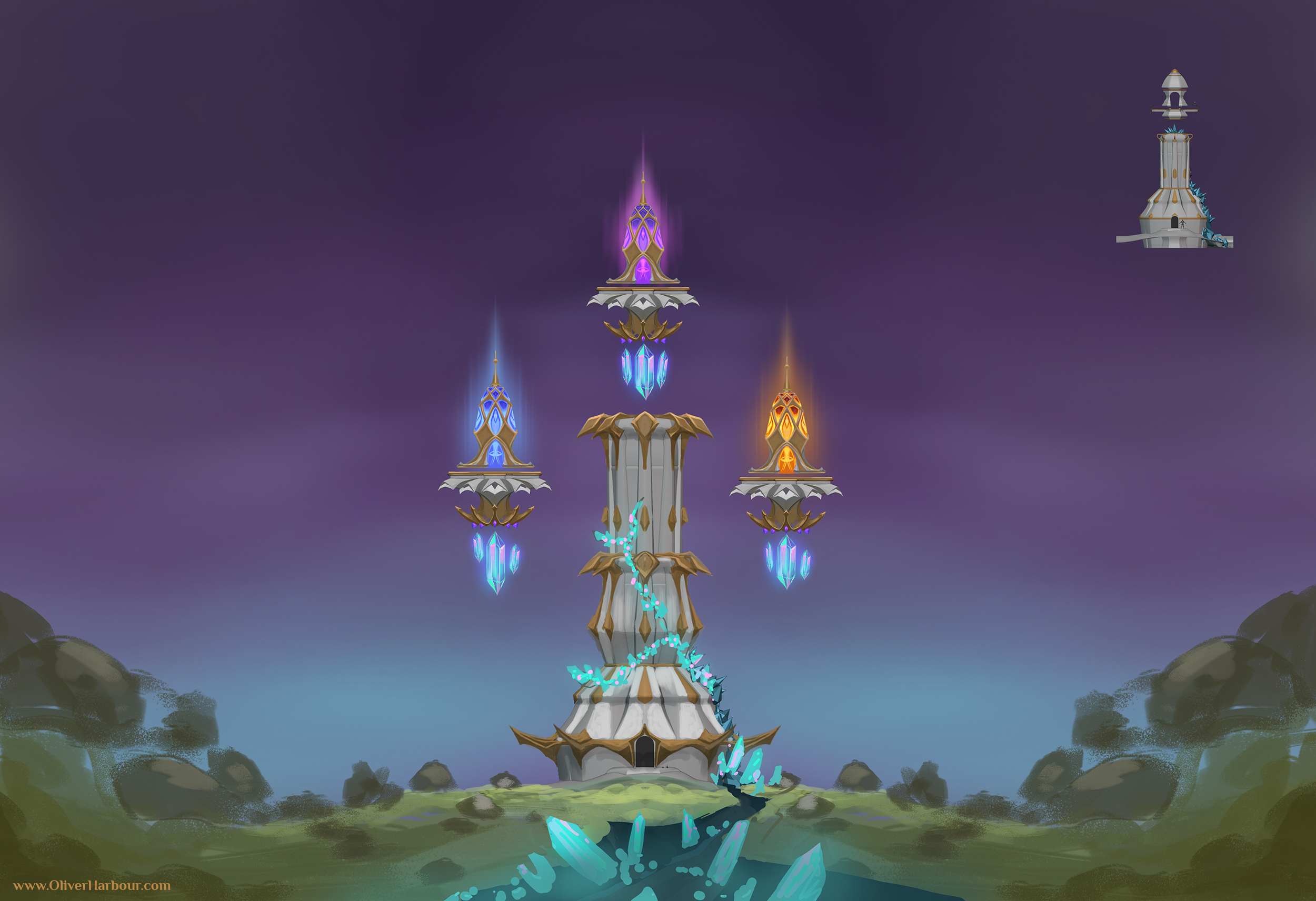 A painting of a tower that has three spires. They float and have an egg shape. They are colored orange, blue and purple. There is a magic glow behind each spire. The tower is now much taller, when compared to before. There are more spiky elements on the golden trims, that remind a bit of the towers seen in Dragonflight. Artwork by Oliver Harbour.