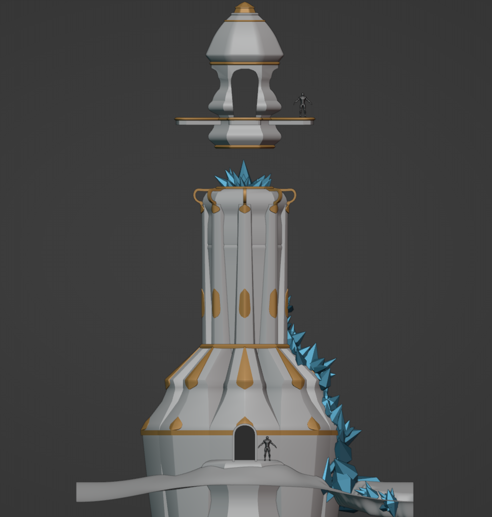 Frontal angle orthographic view of the Apexis Mage Tower, as seen in Blender. There is a floating spire, a human dummy, and lots of blue color, spiky crystals crawling up its facade. The tower is rather short. There are golden trims blocked out here and there. 