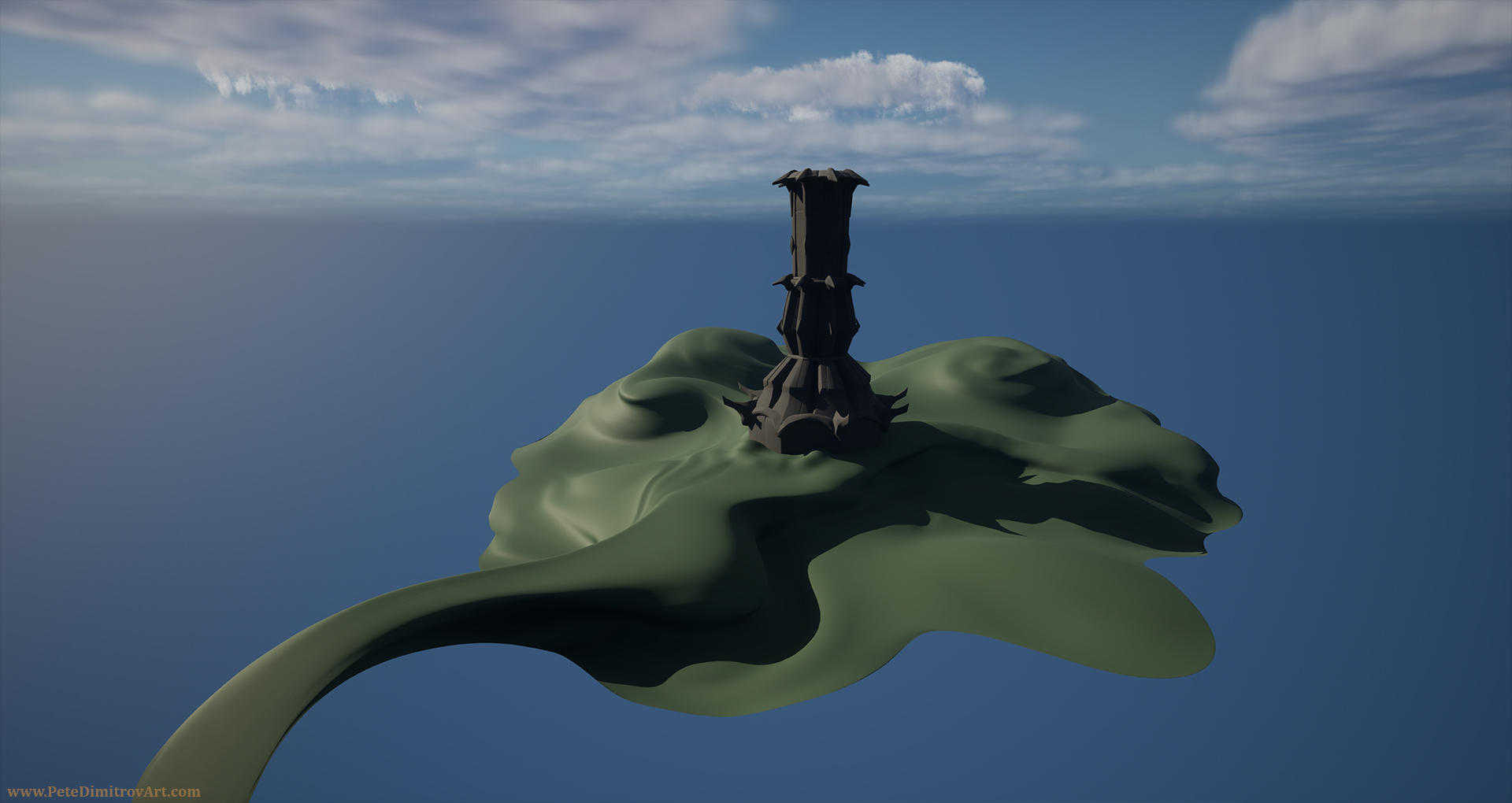 A UE5 screenshot of a blank scene. It has the default blue fog and blue volumetric (ray marched) clouds in the atmosphere. There is the previously seen landscape, but now its refined, has a more curved frontal path and is green. A dark tower sits on top but not all parts are imported yet.