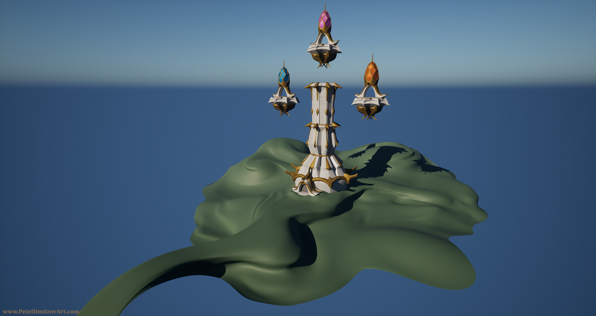 UE5 angle similar to before but now the volumetric clouds are gone. The scene is taking a turn towards more stylized look. The tower pieces are all imported and the three floating spires can be all seen.