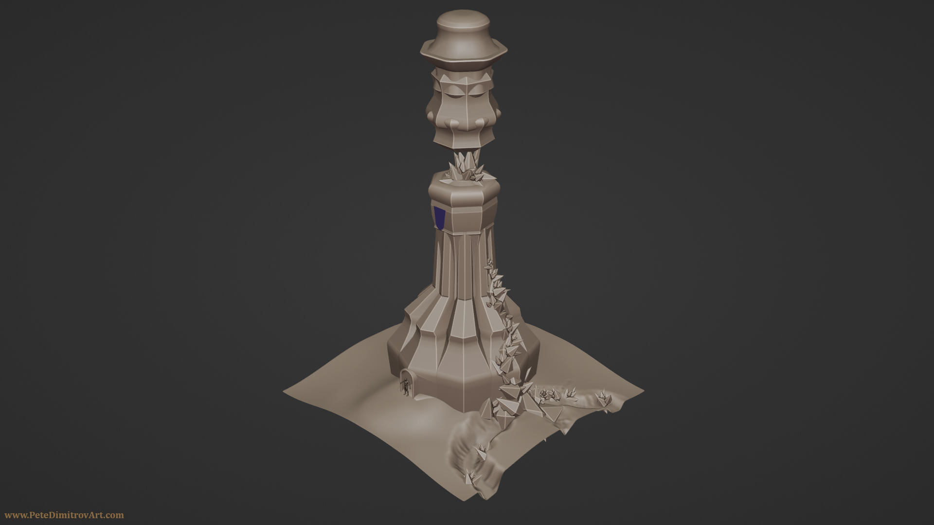 A Blender screenshot showing the tower 3D sketch. It has a warm, gray studio light MatCap. The lower body of the tower is mostly blocked out but the upper parts remain very abstract and unrefined.