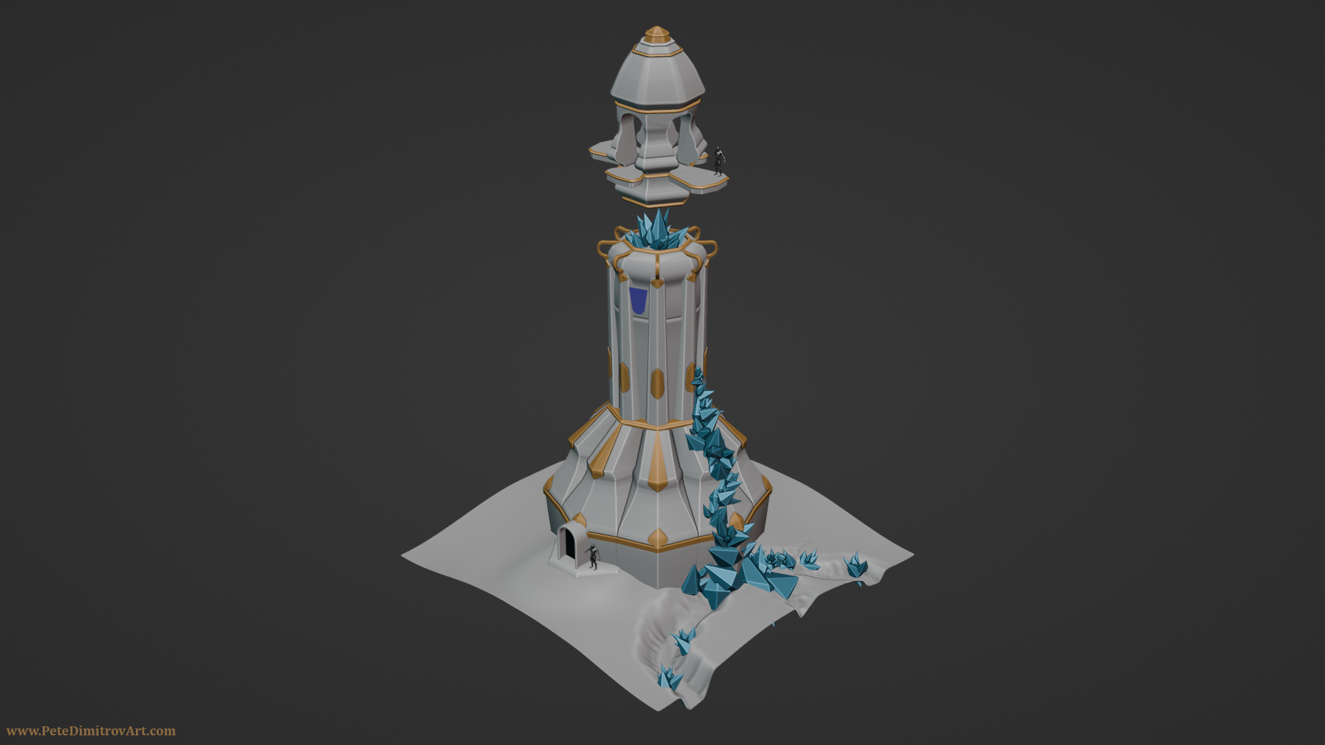 The same angle Blender screenshot as before, showcasing the tower. This time the warm gray MatCap has been changed for a cold one. The upper, floating spire shapes have been refined. There are golden trims and blue gems now too.