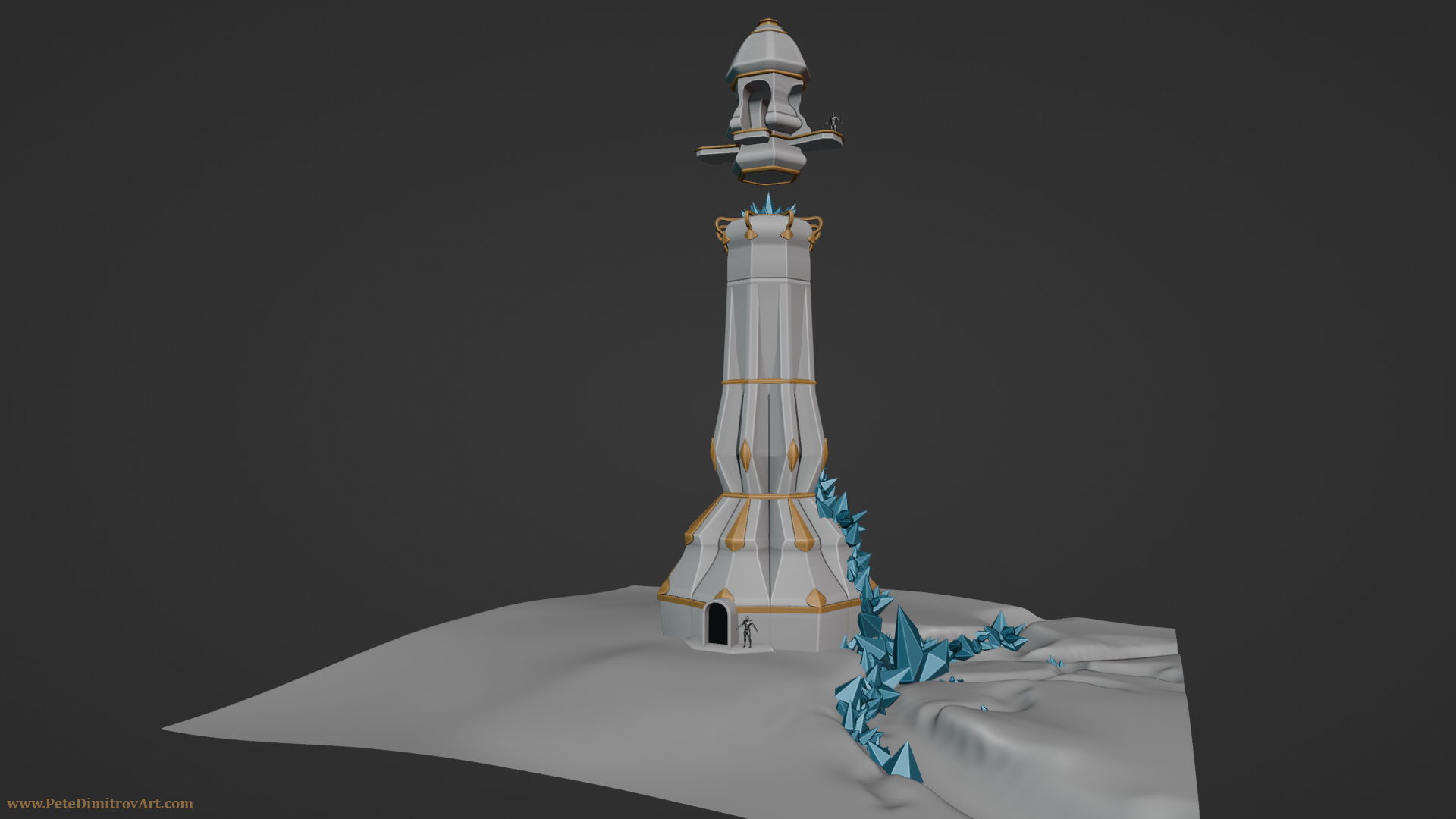 Another Blender screenshot of the tower. This time around, the camera is closer to it, the FOV is not as small either, and the perspective in the scene is more obvious. The tower is taller and one can see golden trims and blue gems on its facade.