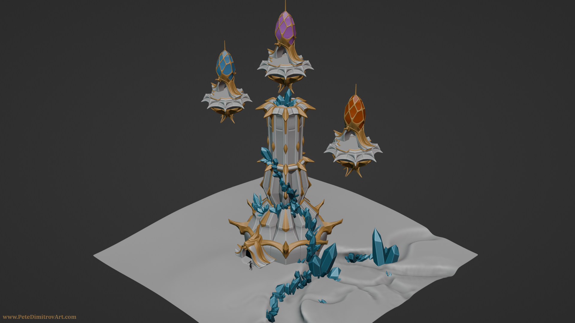 Another nearly isometric angle screenshot of the tower, inside Blender. The three floating spires are now in. There are placeholder materials. The crystals are refined and look more mellow, instead of pointed and sharp. The body of the tower is improved and the metal, gold trim shapes from Ollie’s concept are in too.