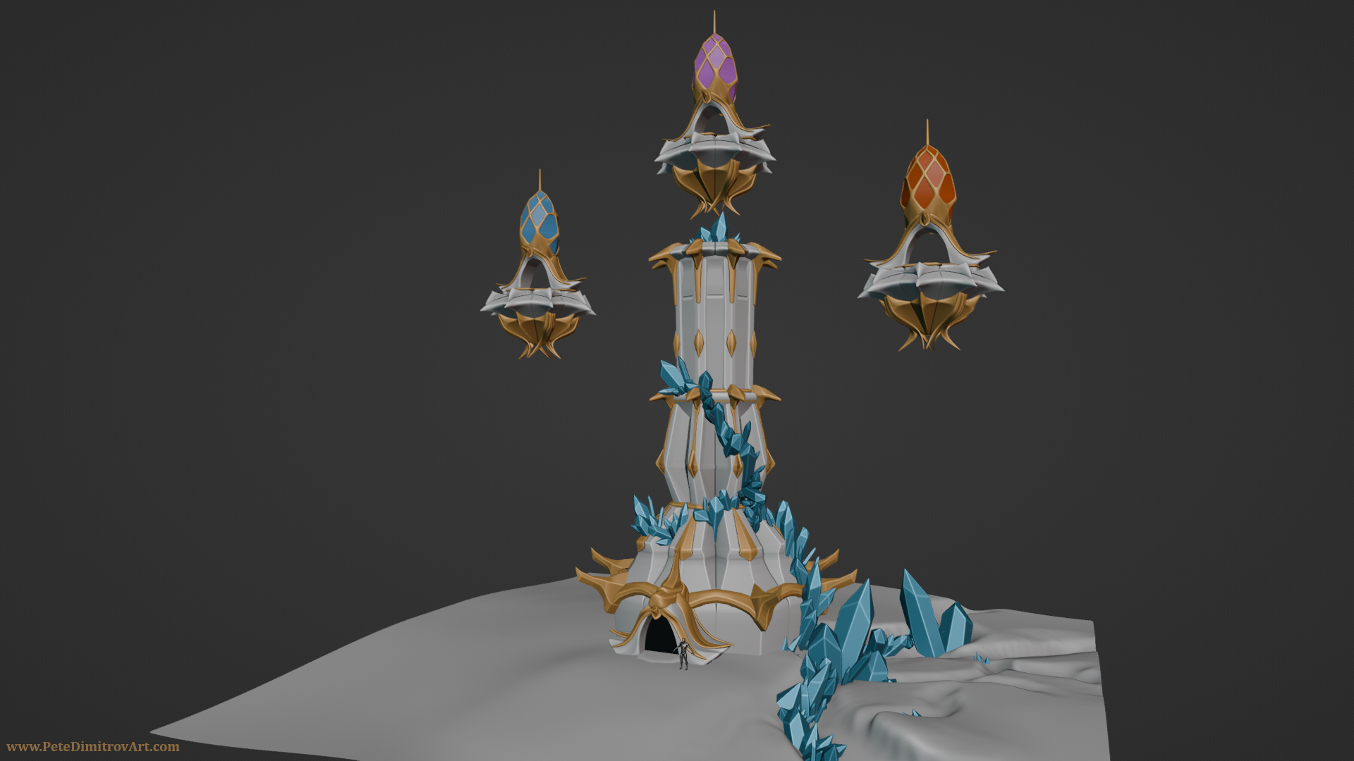 Identical angle to before. Blender screenshot again. The tower is as tall as before, but the top spires now have an egg shape and are larger. The gold trims are more refined as well.