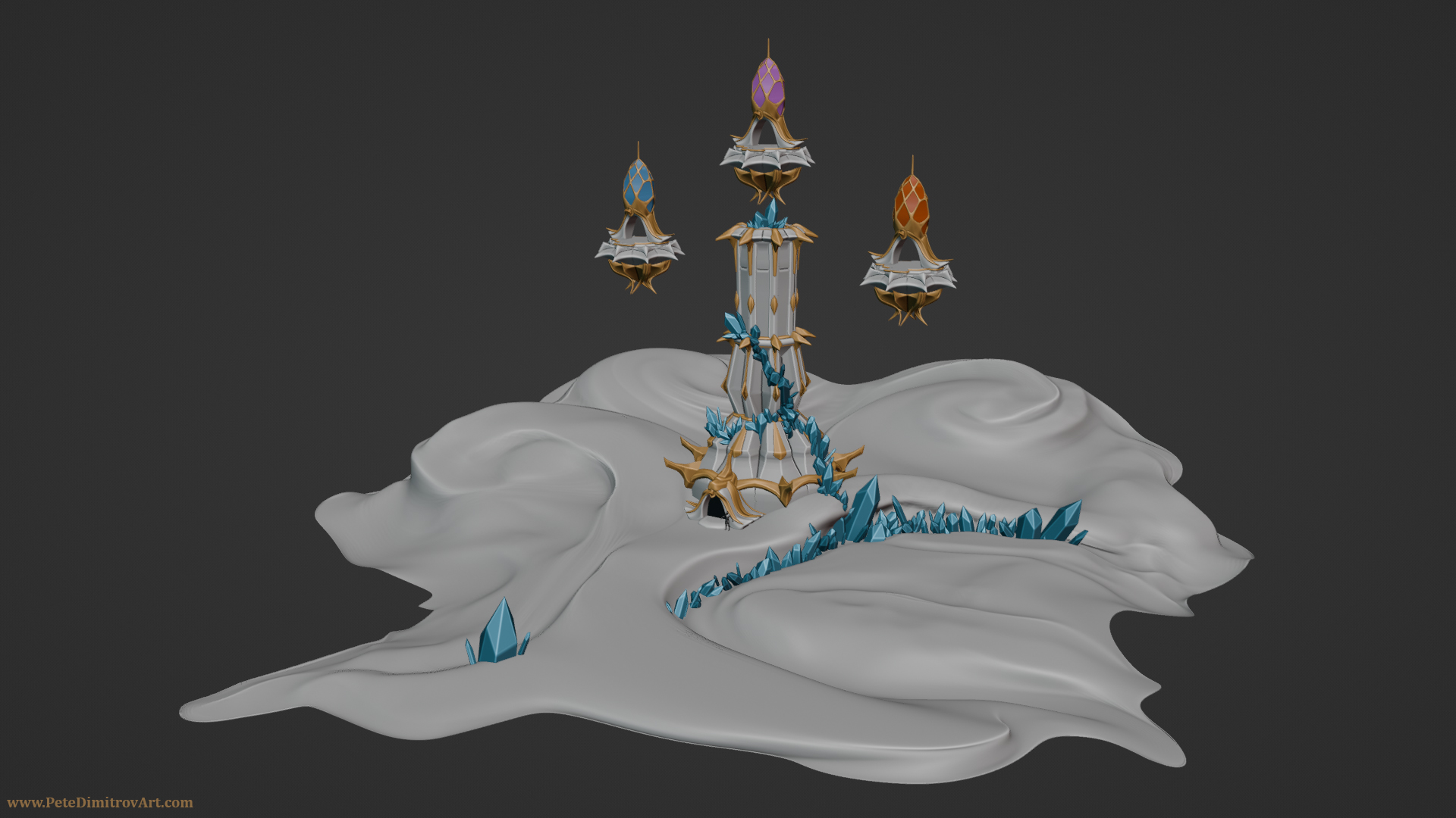 Blender screenshot of the tower. This time around the previously square plot of land has been pulled around, refined and sculpted. It now looks like twisting, short series of valleys. In front of the tower there is a curved path leading to its entrance.