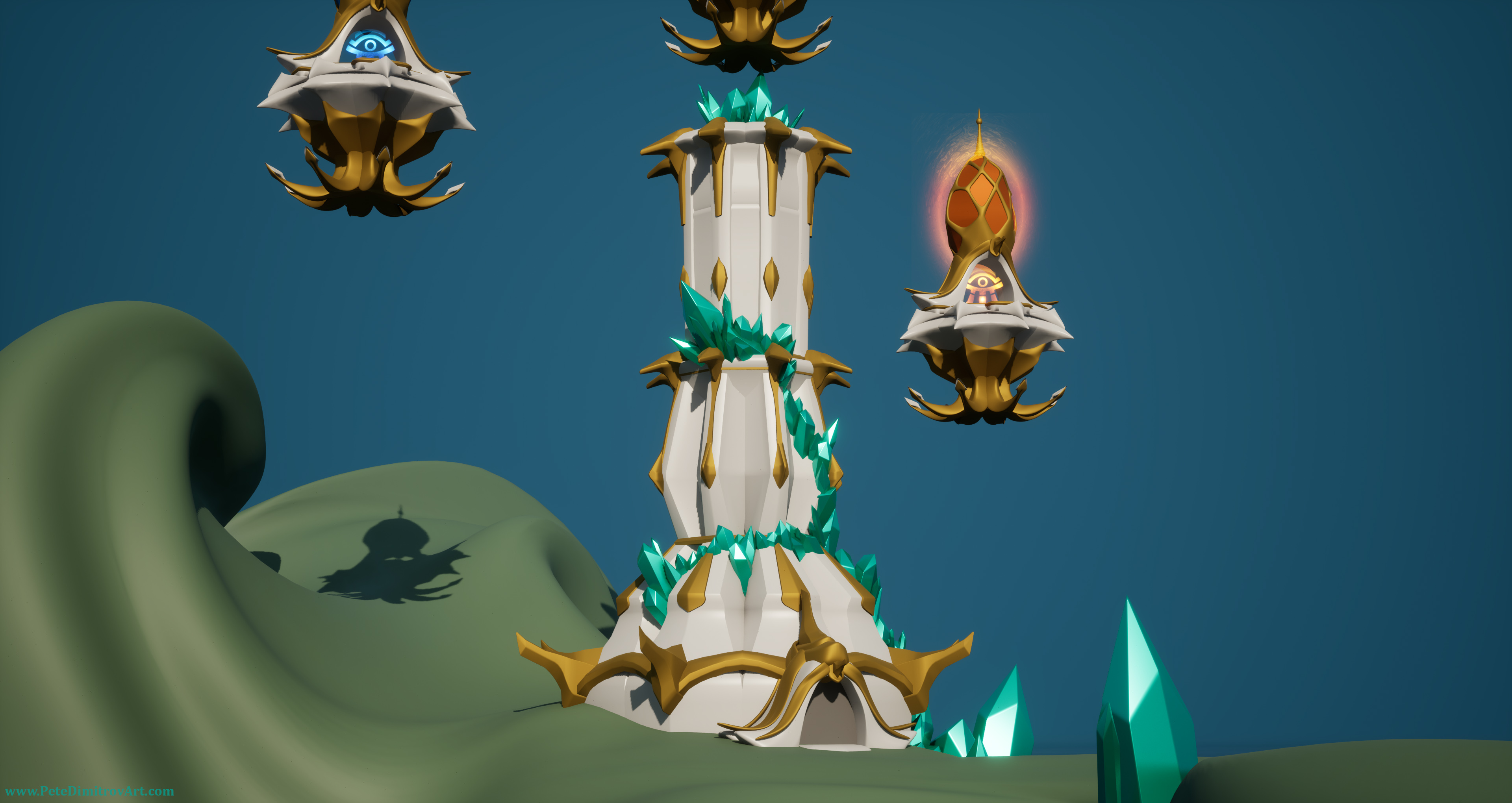 A close up of the image seen in the previous paragraph. It depicts the bright tower now seen from a zoomed UE5 camera. The floating spires have a glow VFX that fits their colors. From this angle the orange one - related to fire magic - is seen. The Apexis crystals are also moving upwards the facade of the building. They have a placeholder green, teal color, and for now still lack the Apexis textures.