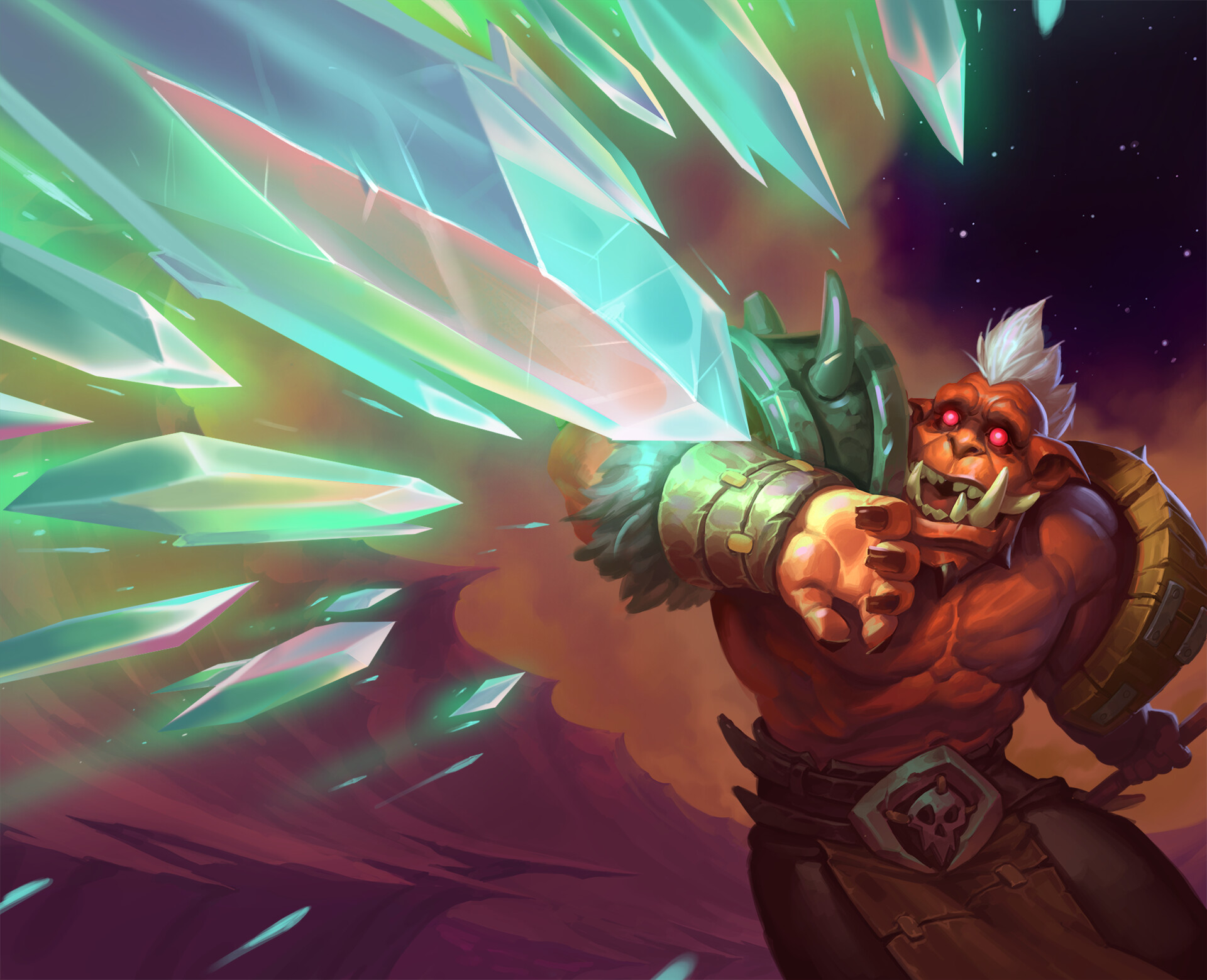 A painting depicting an orc with white hair and red eyes. He has his right arm extended to protect himself from an influx of sharp crystals that are about to impact with him. The crystals are apexis and their teal and blue tones are in contrast with the starry, purple and red sky of Outland seen behind. The illustration is called Apexis Blast and is from the Ashes of Outland expansion pack of the card game Hearthstone. Illustrator is Tim Shevtsov, 2020.