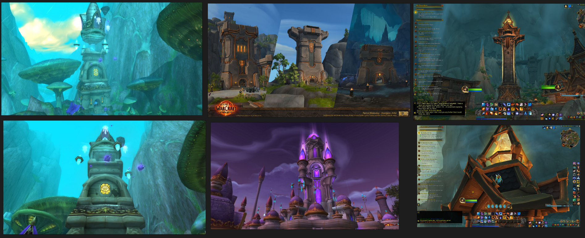 A collage of screenshots from WoW. First column showcases two images that depict Khadgar’s tower. It is a large, stone structure, with an elegant roof. Crystals float around it. It’s surrounded by large Zangarra mushrooms. Second column shows an image from The War Within depicting tall and medium sized Earthen towers made out of stone. Below it is an image from Dalaran, showing a massive tower with purple crystals. Last two images show a tall and elegant tower with a yellow gem on top that illuminates a dark cavern around it. Those are radiant light towers in the zone Hallowfall.