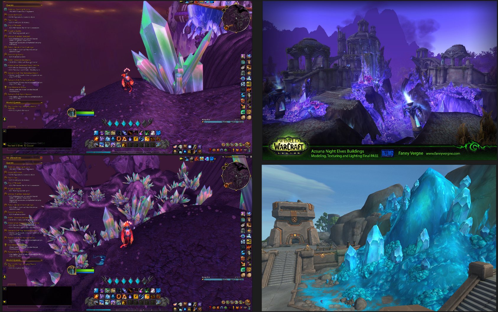 Image collage that shows four screenshots. First column depicts two screenshots from the zone Netherstorm. It is lots of purple lands that on top have tons of apexis crystals that are shaded in green, teal, turquoise and aquamarine colors. Second column has an image from Legion that shows a ruined zone with lots of purple crystals. The final image shows a zone from War Within that has blue shards and crystals. 