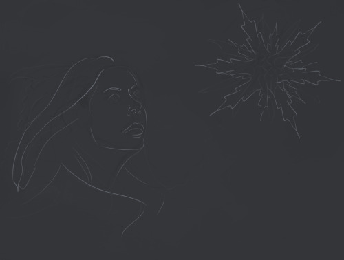 Very washed out, initial sketch. To the left is a woman in simplified lines. To the right is a floating device in a snowflake-like appearance.