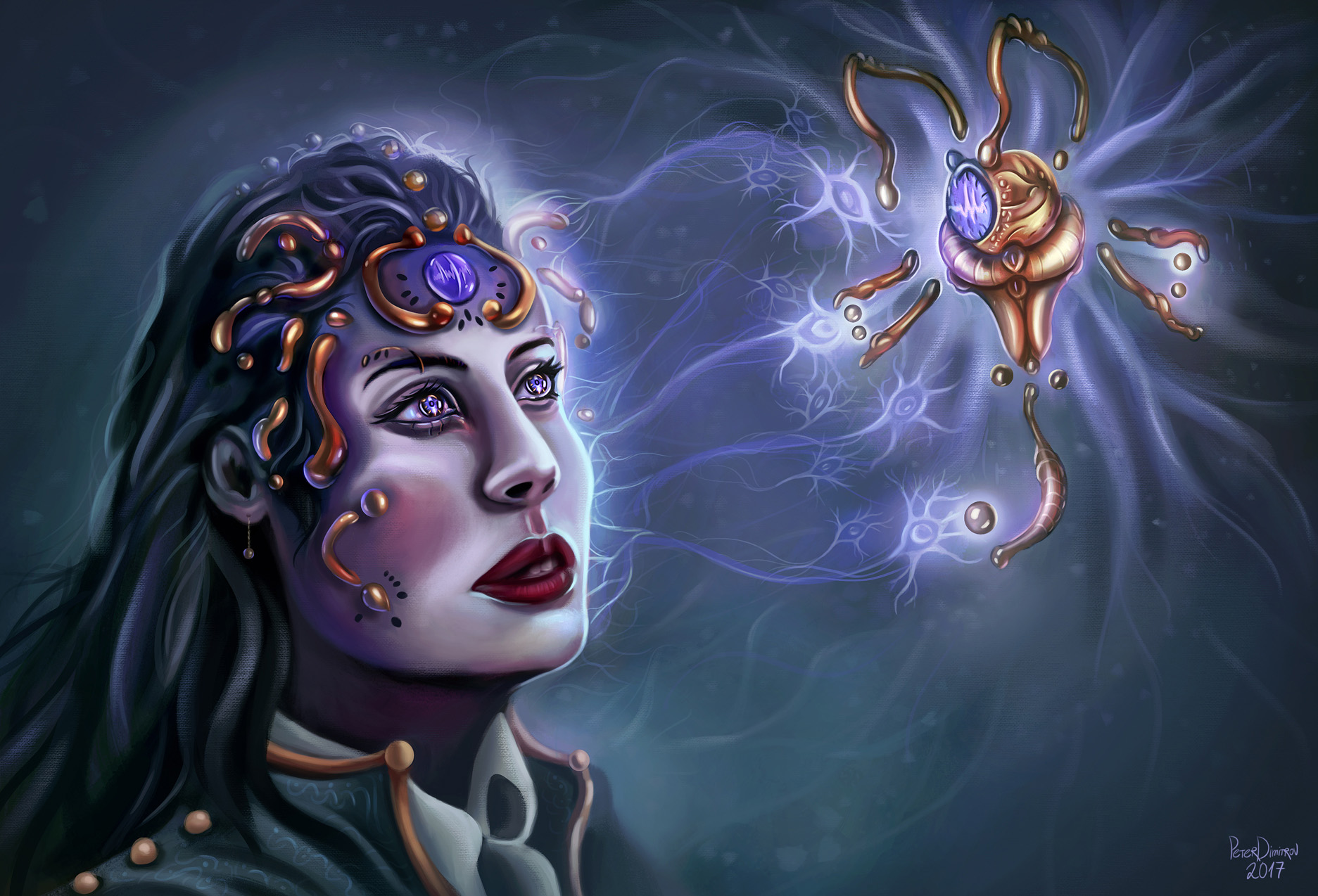 The painting “Drone of Clouds and Minds”. To the left is a close up view of a woman. She has intricate headpiece in orange metals. Her eyes glow in deep purples, the same purples she appears to have a device on her forehead in. She is looking towards an intricate, curious metal device. From her face, towards that device, clouds and energy extends. That energy appears in the shape of neural pathways.
