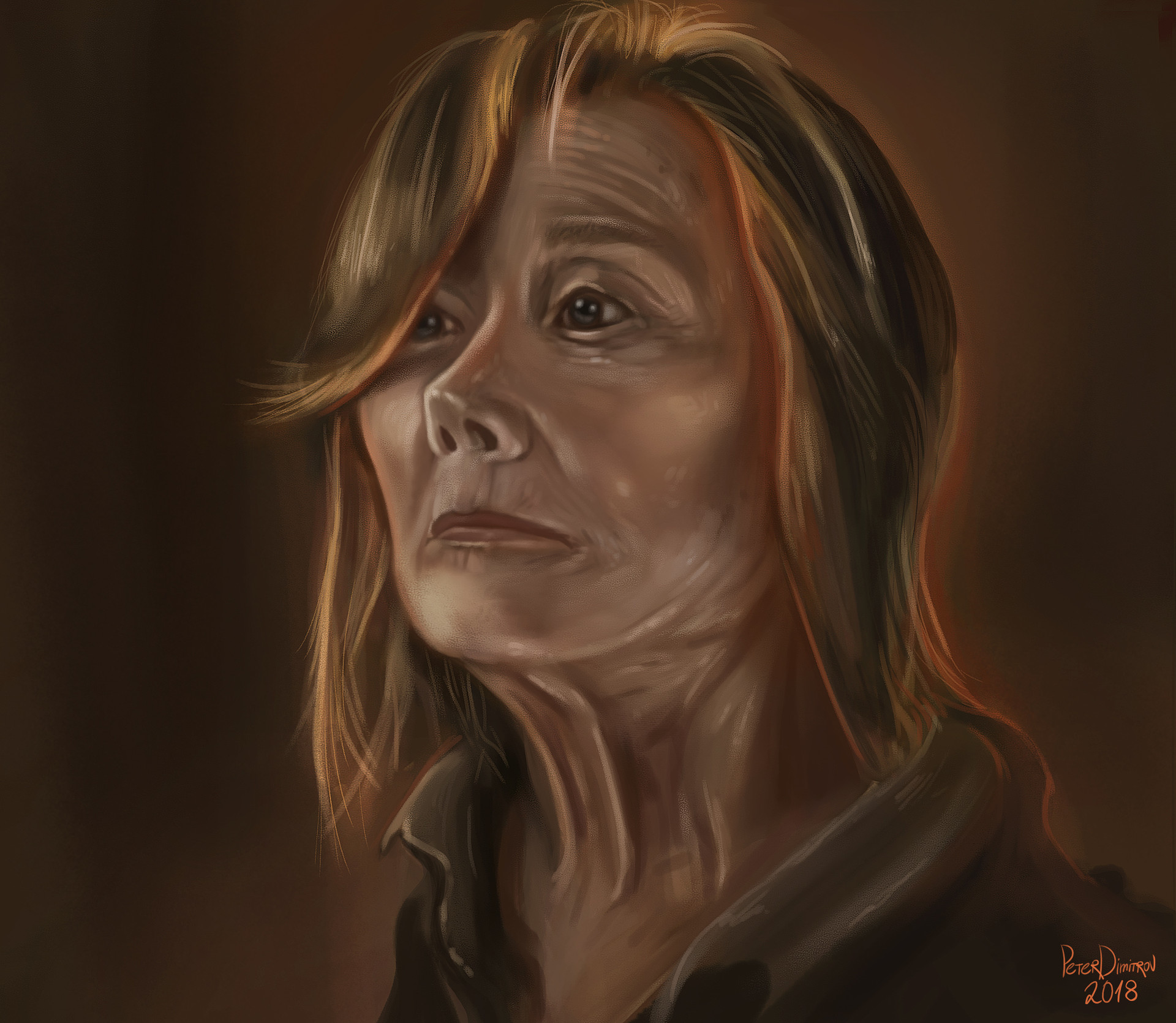 My painting study of Sissy Spacek, in the role of Ruth Deaver in Castle Rock. Ruth looking to the side with staggering orange and yellow hues all around her.