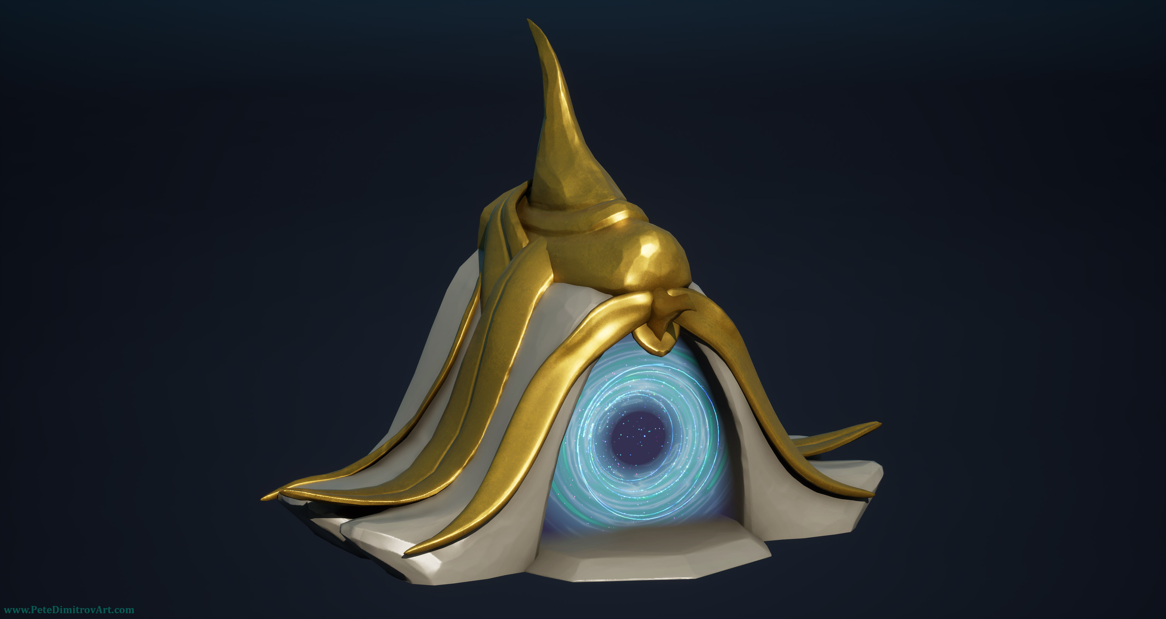 A UE5 screenshot showing flat, dark, blue land. On it sits a portal with golden and stone trims. The portal effect in the middle is blue. This is the start of the mini diorama and there is little progress a part from the portal.