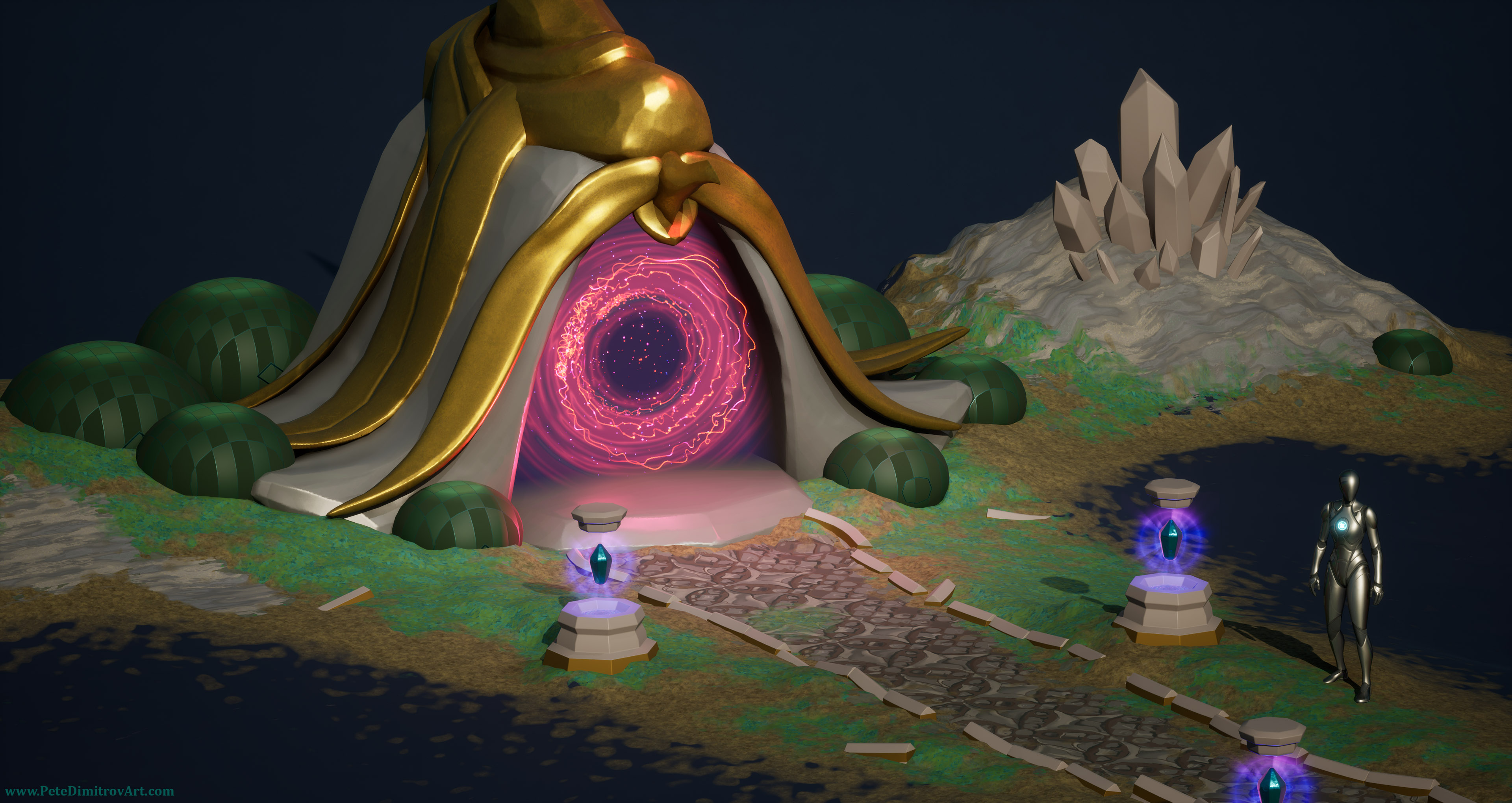 Same screenshot camera angle as before, but now the land and the path leading to the portal are progressed. The land has a green and mud textures. In the middle, there is also a sketch of cobble. There are blue lamps on the sides. On the right side, there is a mini mountain with gray crystals.