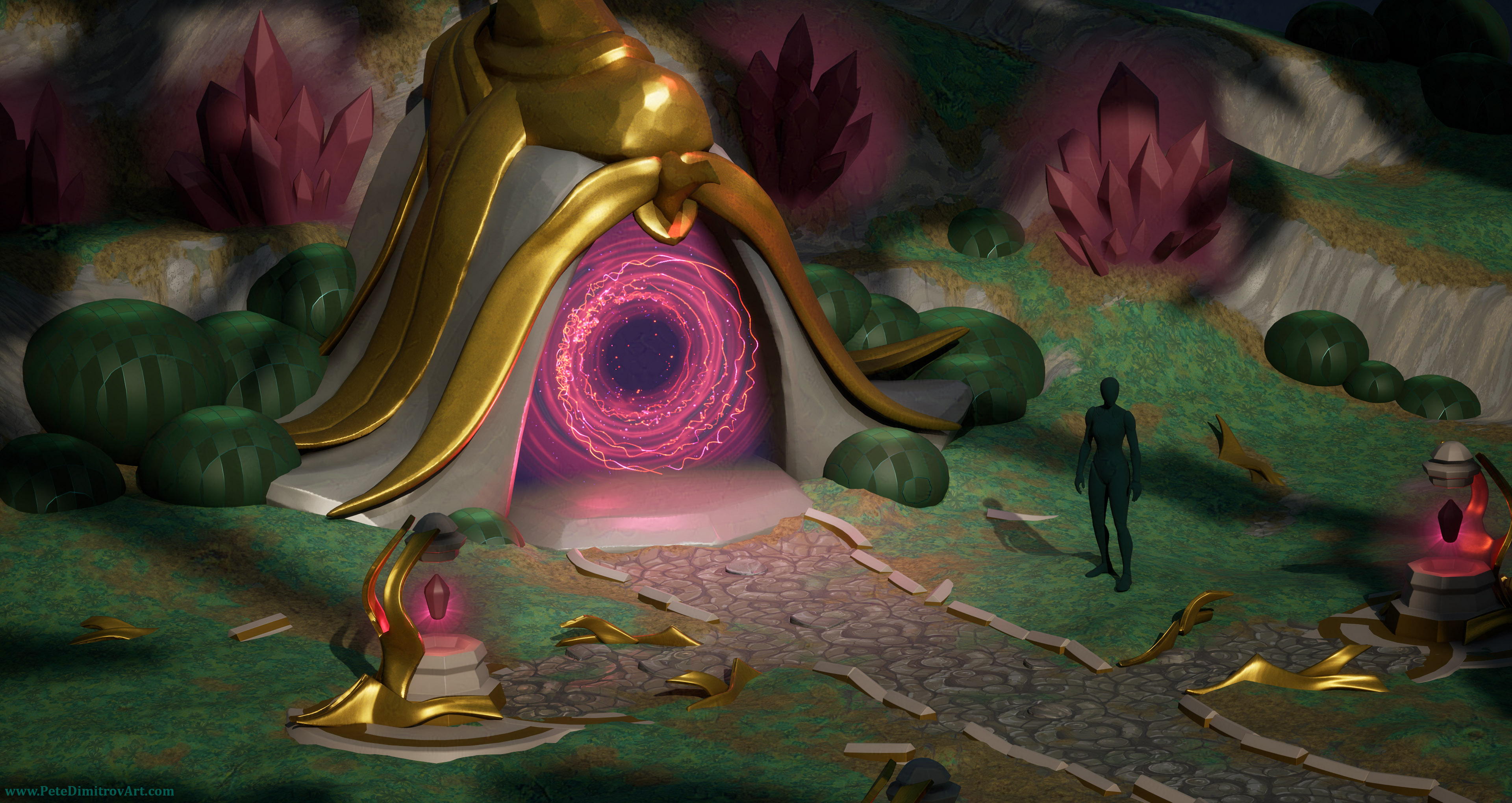 A screenshot from the mini diorama. It showcases a red portal with stone frame and golden trims. It looks almost like a cave entrance, sitting on a grassy hilltop. There are red crystals and lamps with floating red glow on them. A cobble path of gray stone leads to the entrance of the portal. There are foliage bushes in the shape of spherical blockout shapes. They have dark, green color.