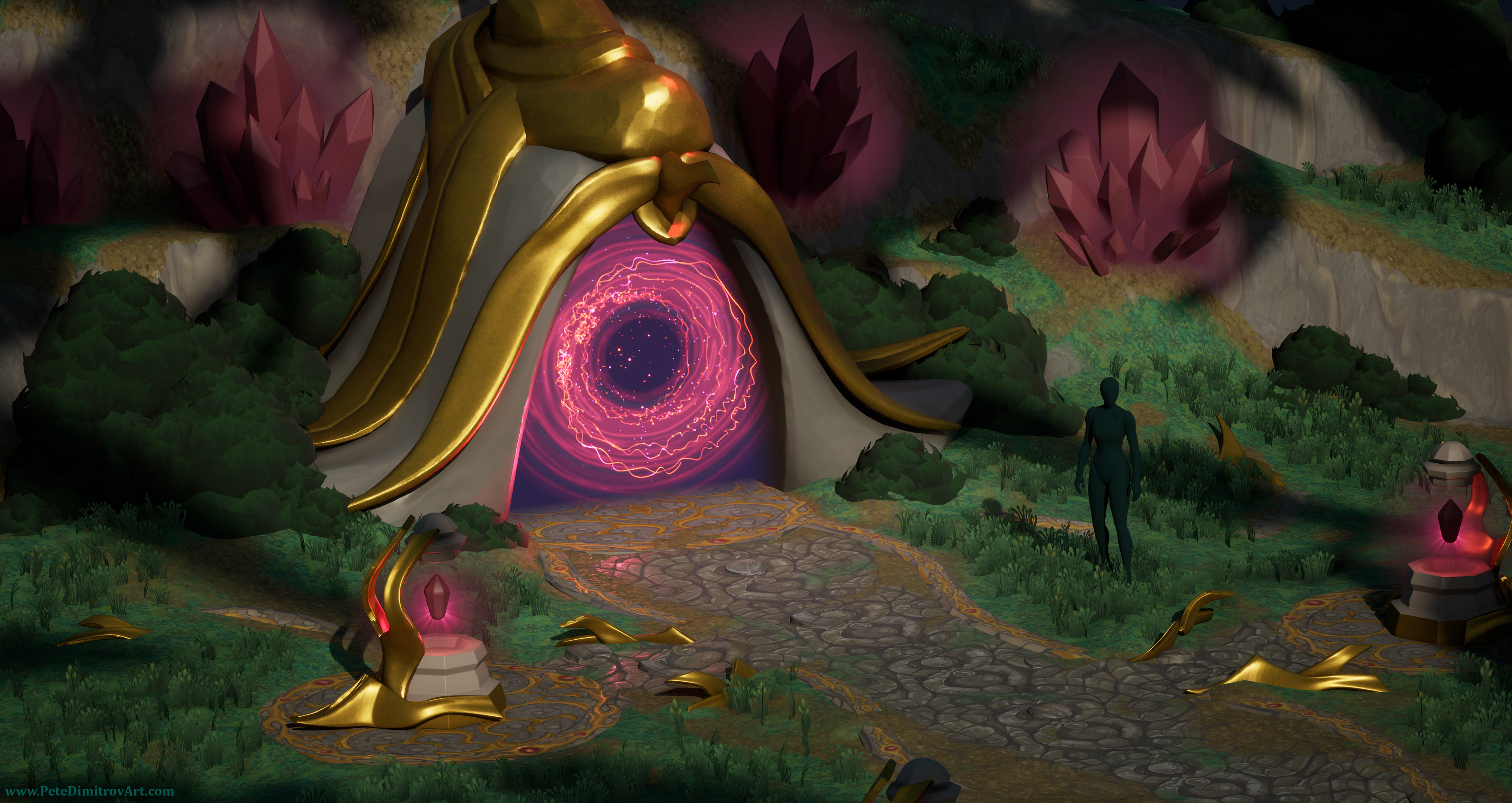 Another image showcasing progress on the diorama. This time there is grass and bush foliage. The sides of the path are decorated with gold trims and red gems. The lamps have twisting, golden leaves that decorate and give them shape.