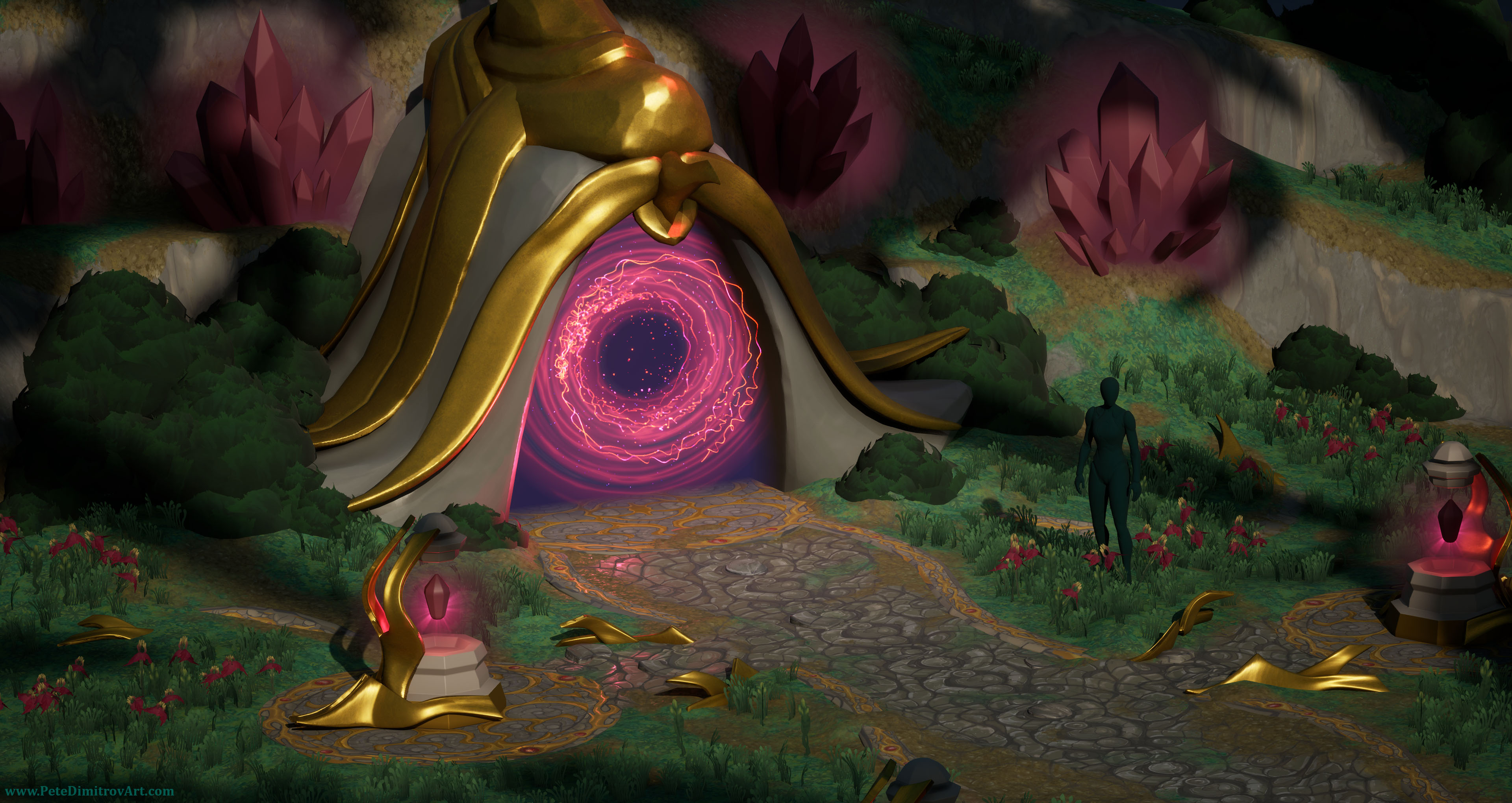 A screenshot showing the progress in the diorama so far. The portal threshold is gray and untextured, while the pink portal effect inside is refined. The landscape has grass tiling texture and there are grass and flower foliage props scattered.