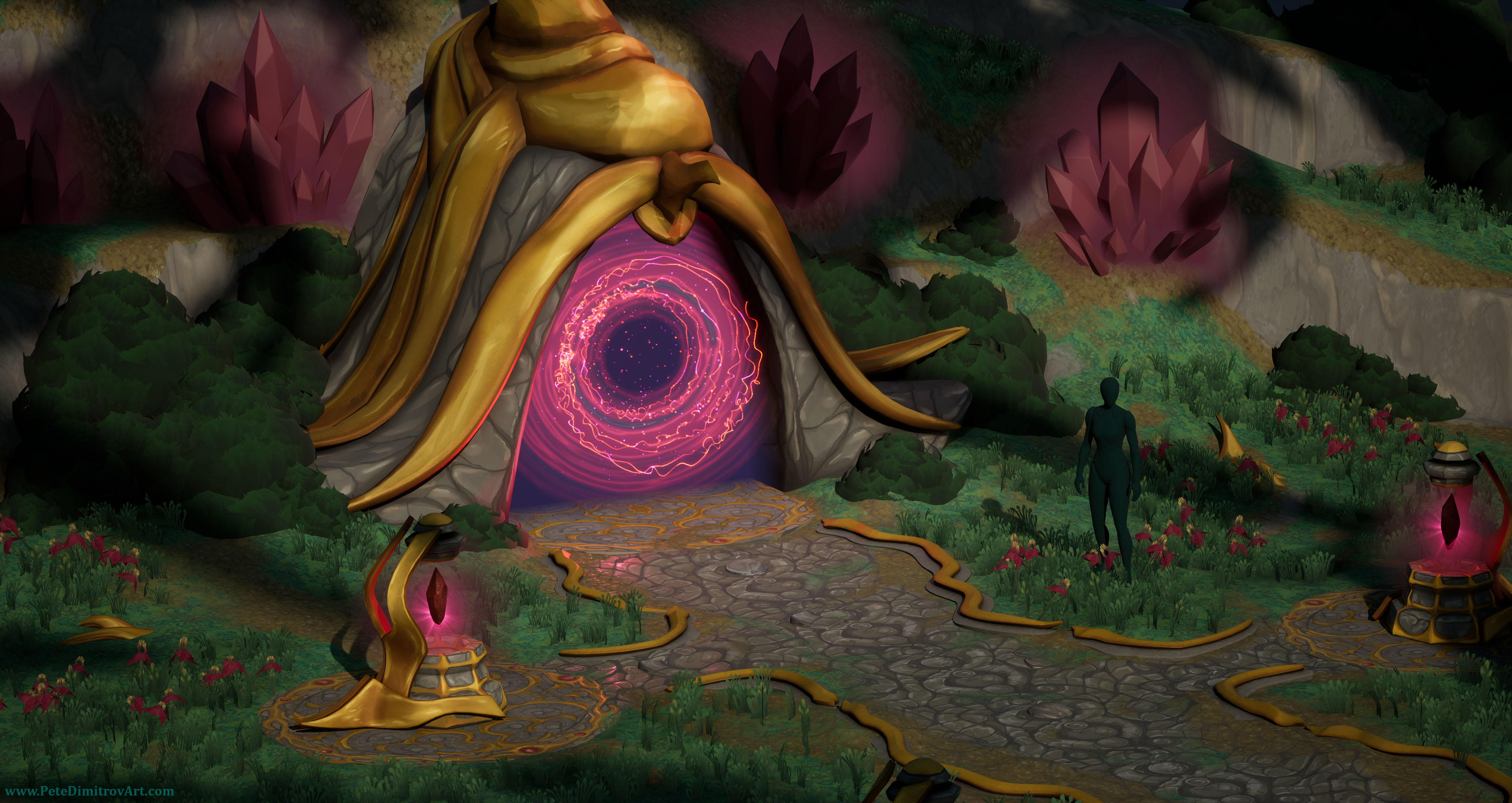 Same angle of screenshot as before, but now the portal threshold is refined. It has textured stone surfaces. The gold trims are refined and look more stylized and finished in material and texture as well. The red, crystal lamps that decorate the side of the path also have more detail. There are new gold trims that frame the road.