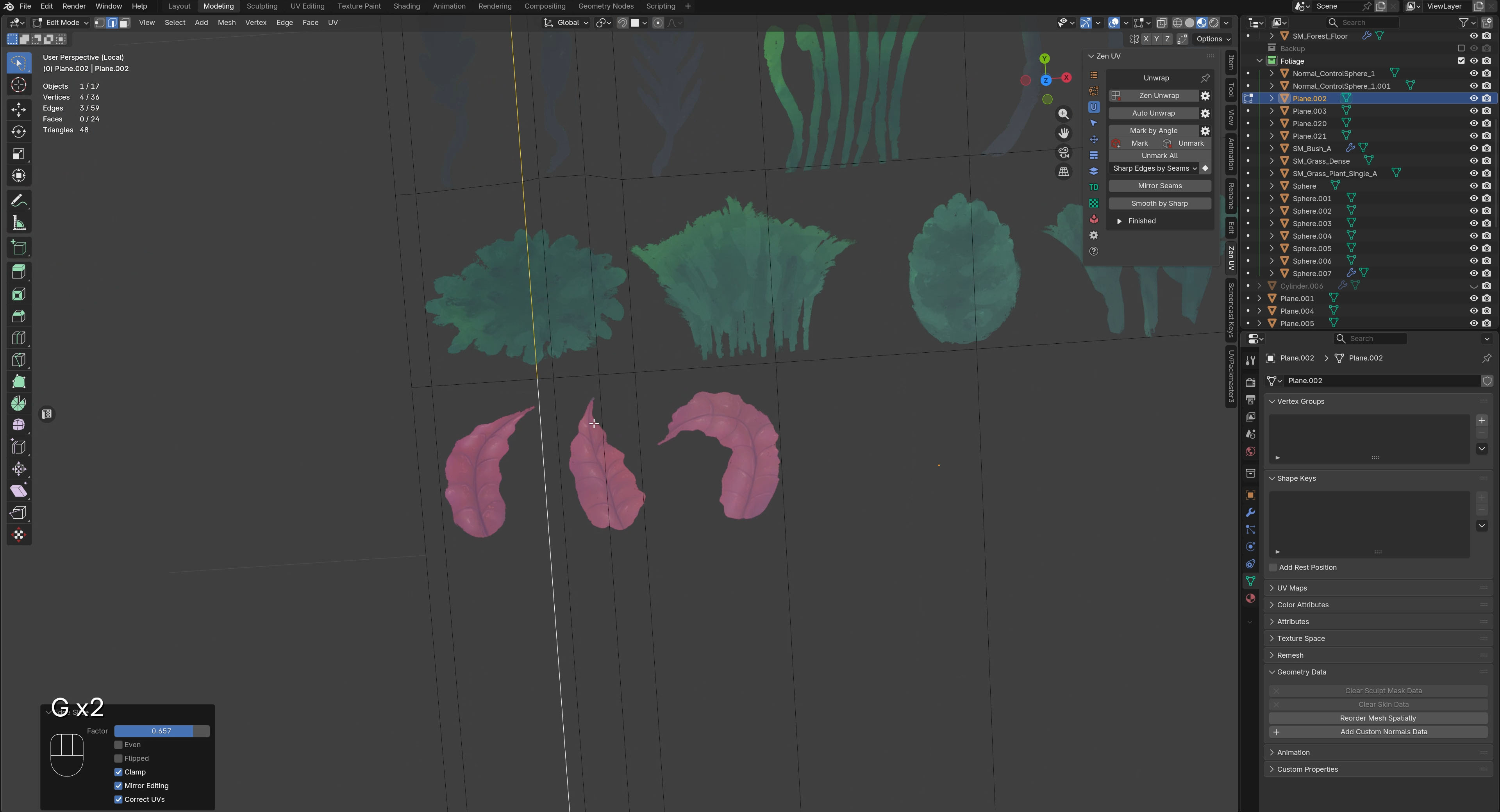 Screenshot from my Blender scene where I was editing the flowers and the 2D atlas that assembles them. This shot showcases using knife tool inside of Blender in order to cut cards of foliage from the larger texture sheet.