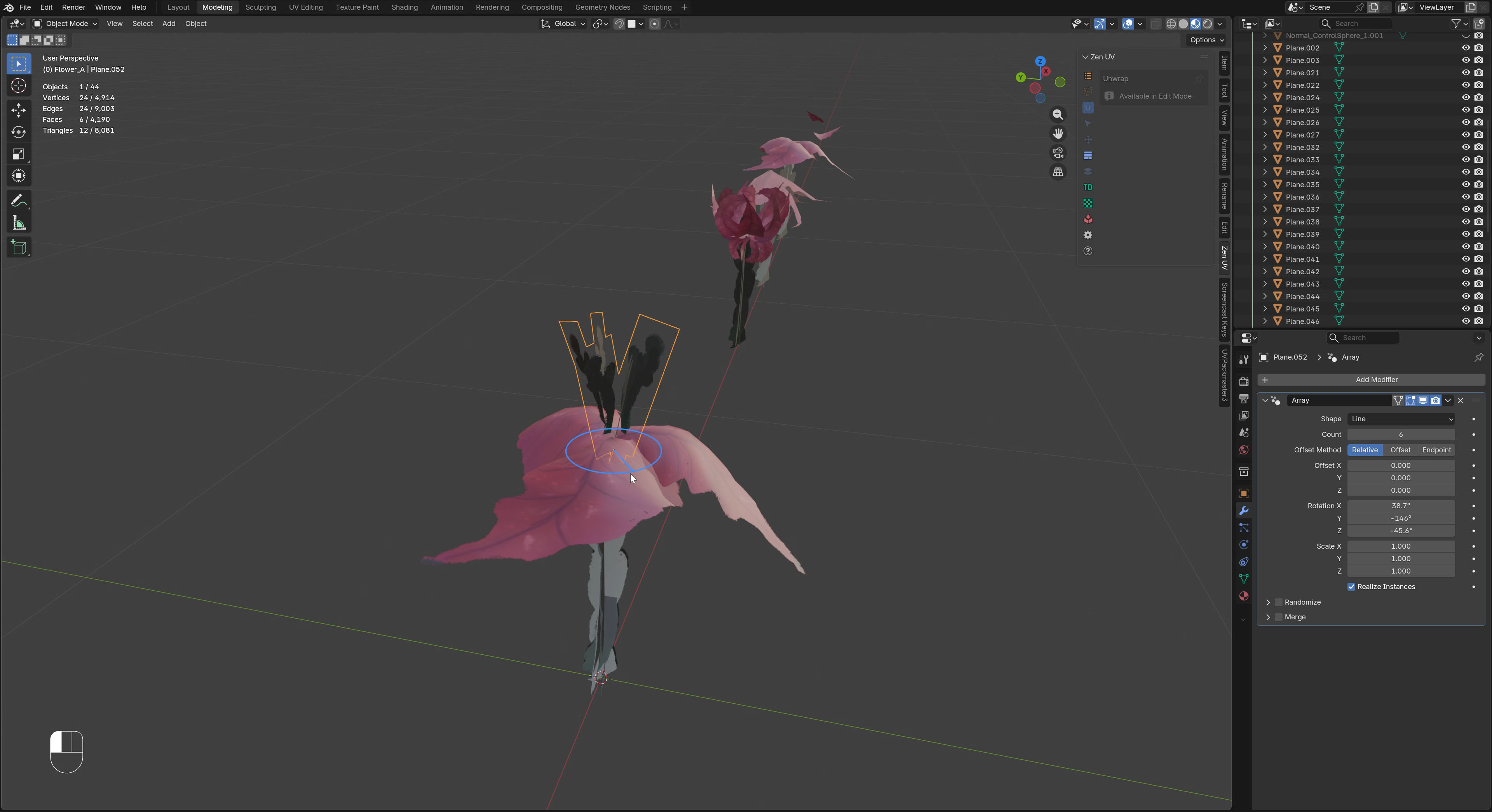 Another Blender screenshot. This one shows the flower prop, created from multiple cards, folded in 3D space to have more dimension.