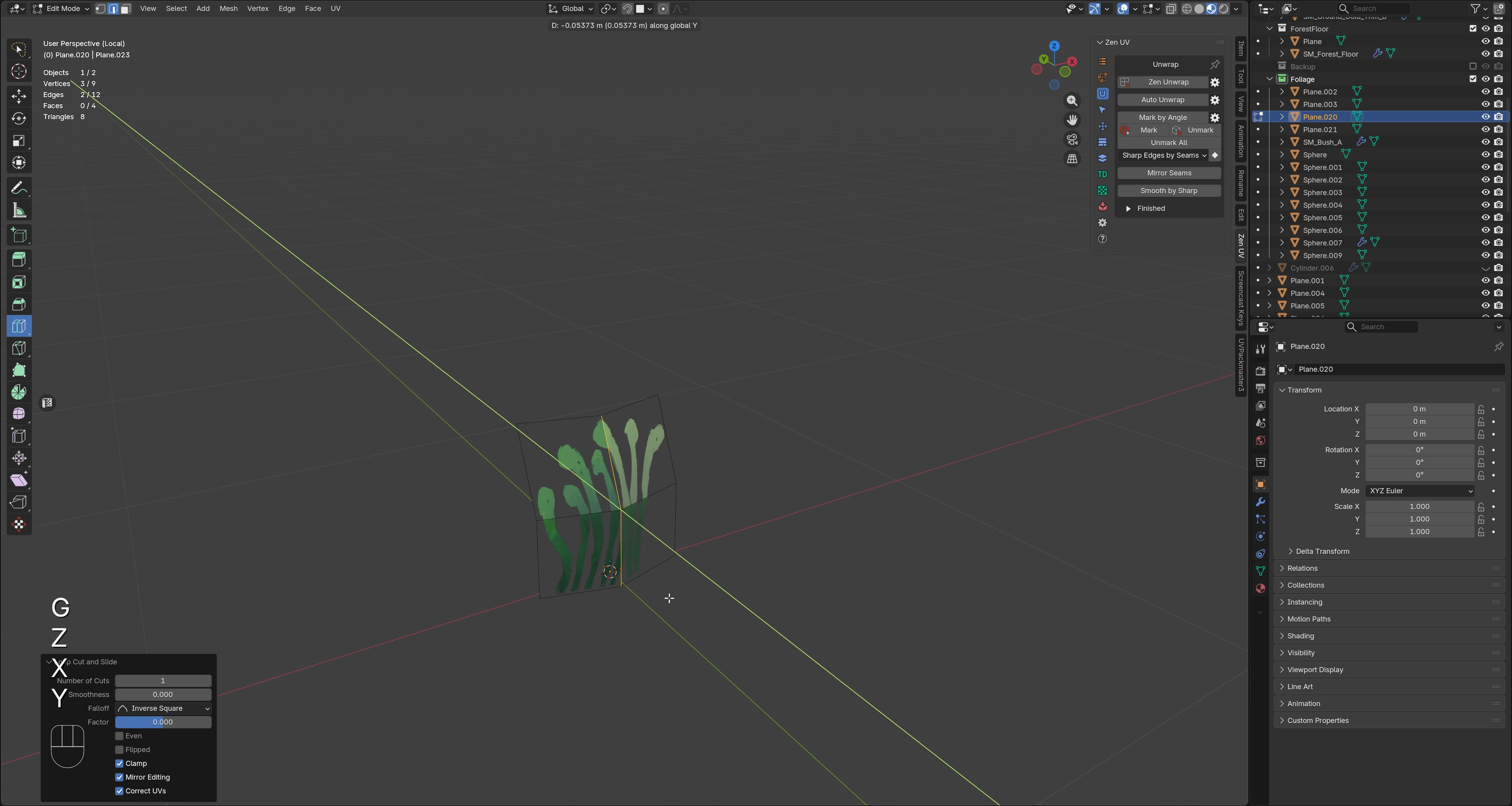 An image screenshot from inside of Blender that shows me splitting a grass card in the middle and giving it more dimension. I am then moving the edge loop in the middle a bit to the side in space, making the grass card look like a piece of paper that someone has put pressure on the side of, bulking it up.