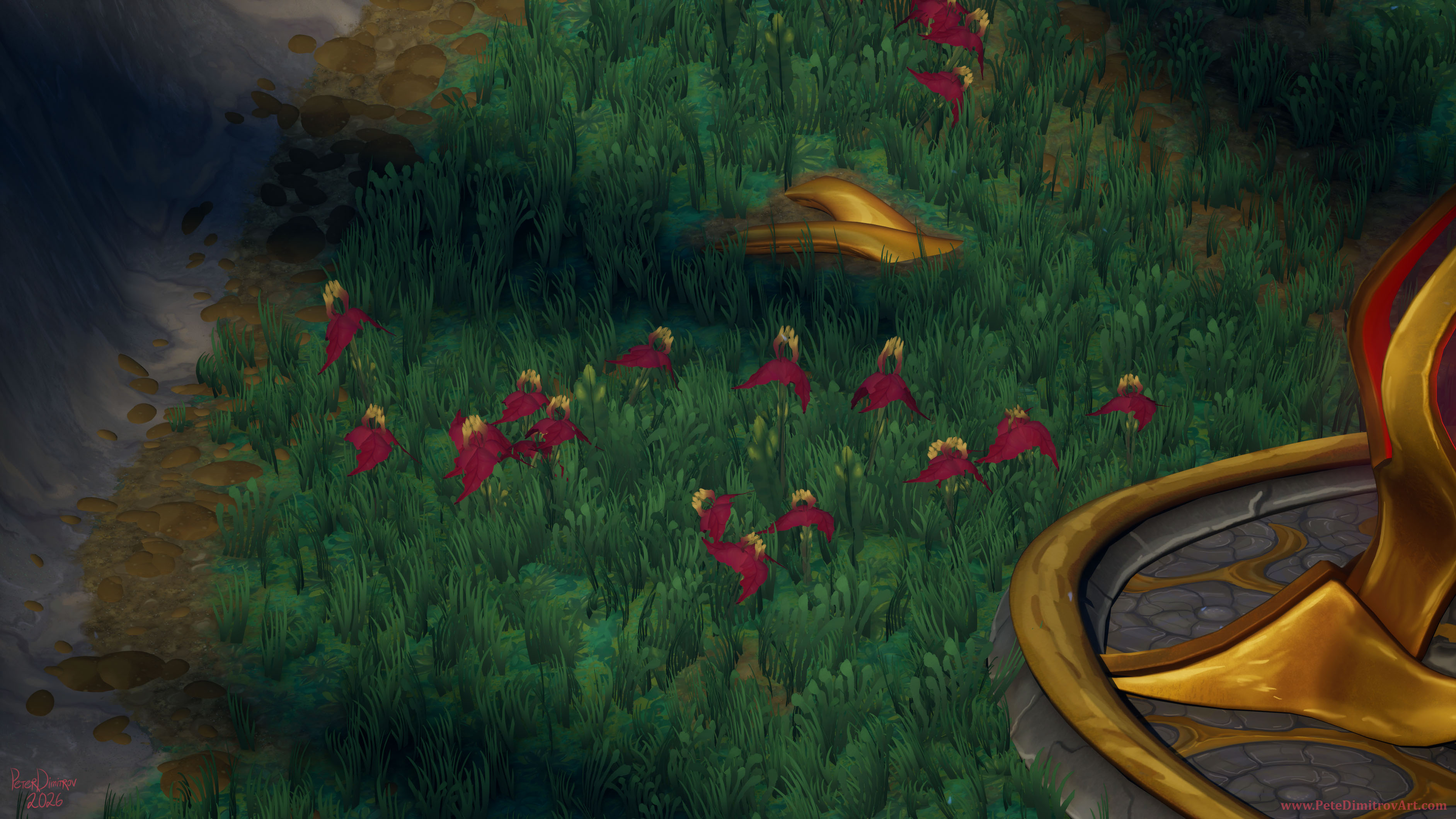 A camera from above, focused on a patch of grassy land and some red flowers on top. The scarlet flowers have yellow anthers.