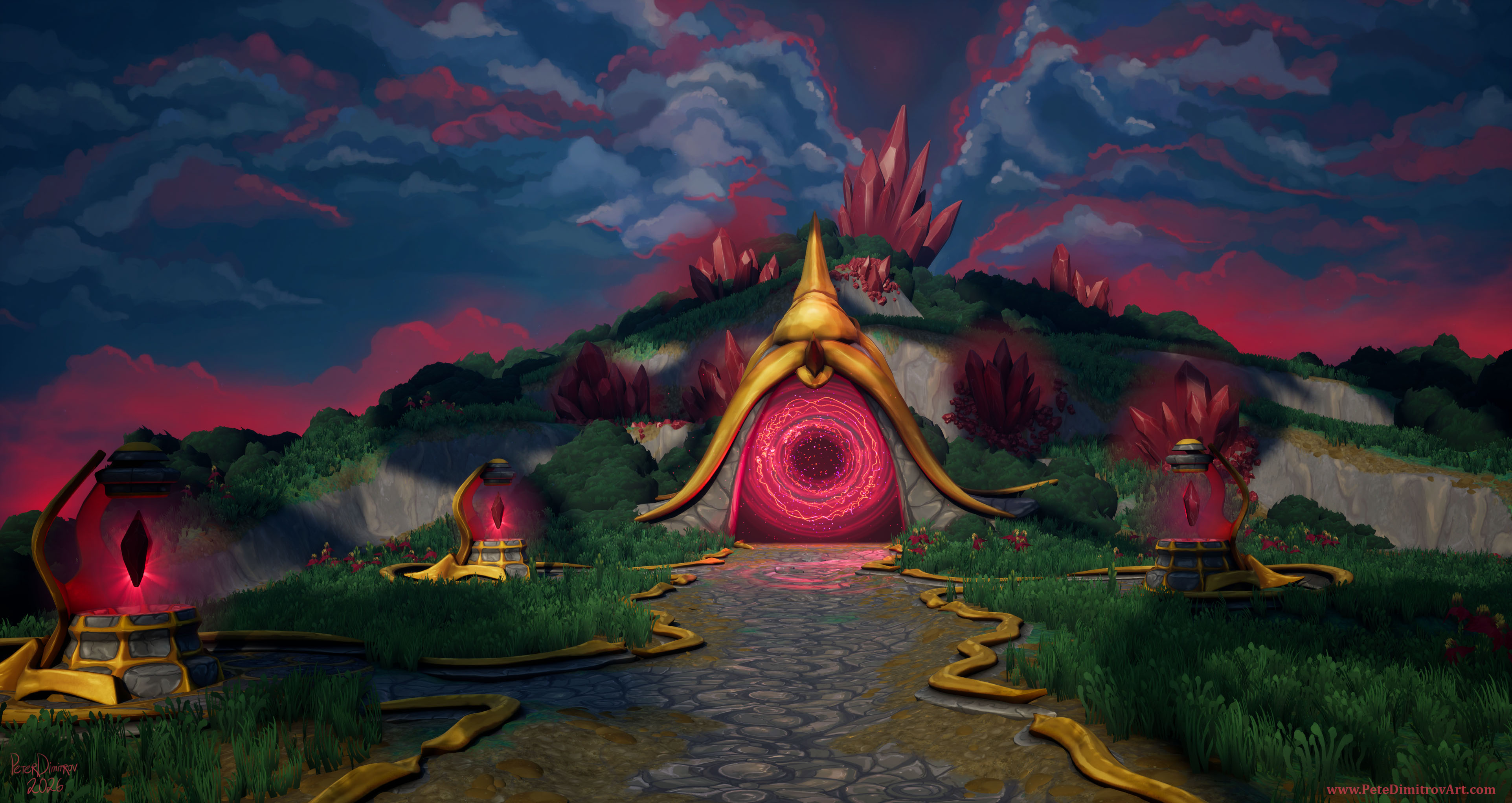 UE5 screenshot showing smaller cut of land. There is green land and a red portal sitting in the middle. There is a cloudy sky in blue and scarlet hues. Lots of red crystals are scattered around and about. There are a lot of golden trims and ornaments as well.