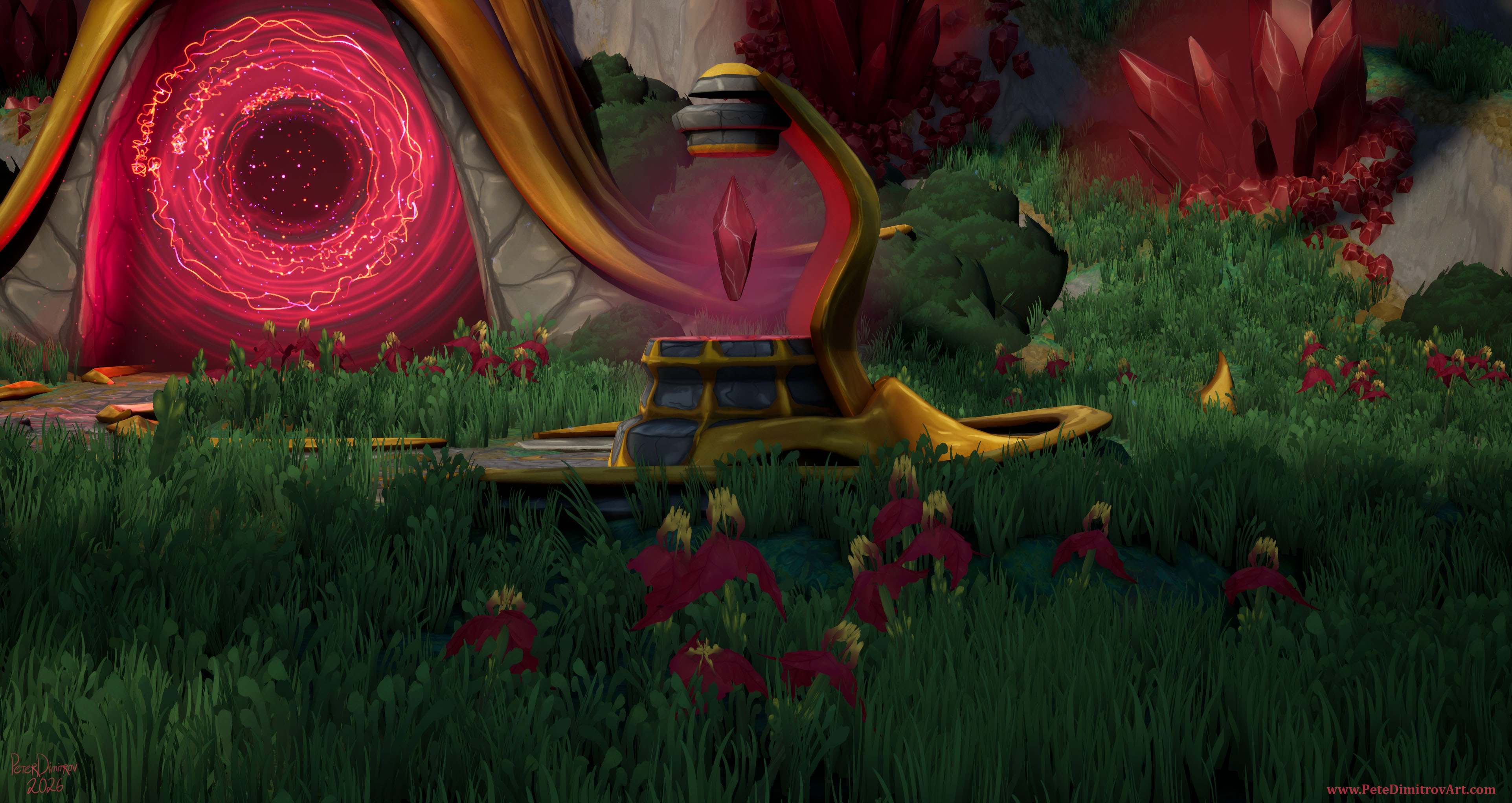 An Unreal Engine 5 screenshot showing a zoom of a grassy landscape. There is a lamp actor with golden trims and red crystal. In front of that, there are lots of red flowers. They sit in the shade, away from direct sunlight. In the background, there are more red crystals and a red portal vortex.