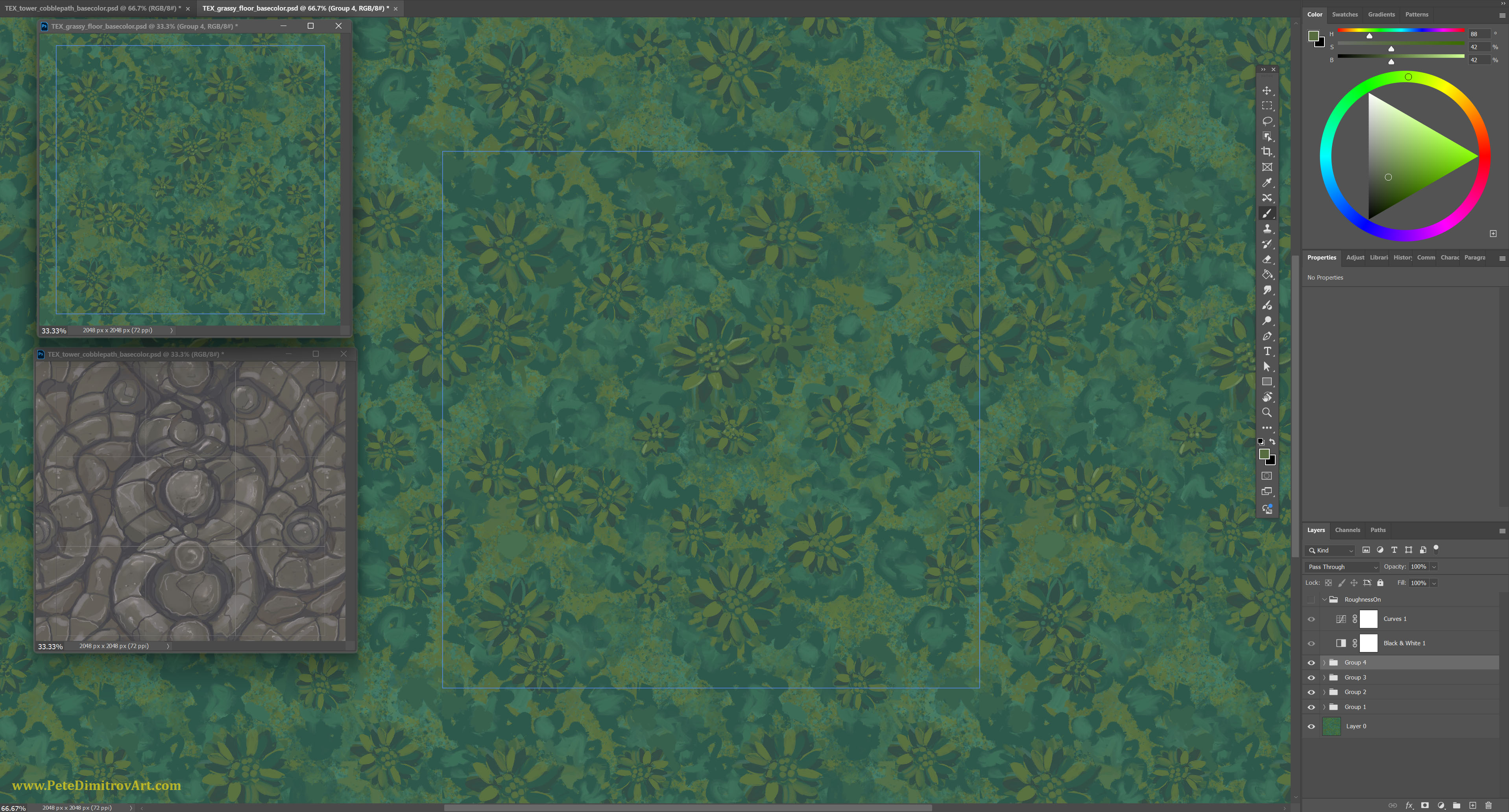 A screenshot from Photoshop showcasing two handpainted textures. The big one is grassy floor. The small one is swirling cobble. These textures I sadly made in Photoshop, even though my preference is Procreate. The grassy texture features lush greens and lots of leave shapes are repeated and tiling on top.