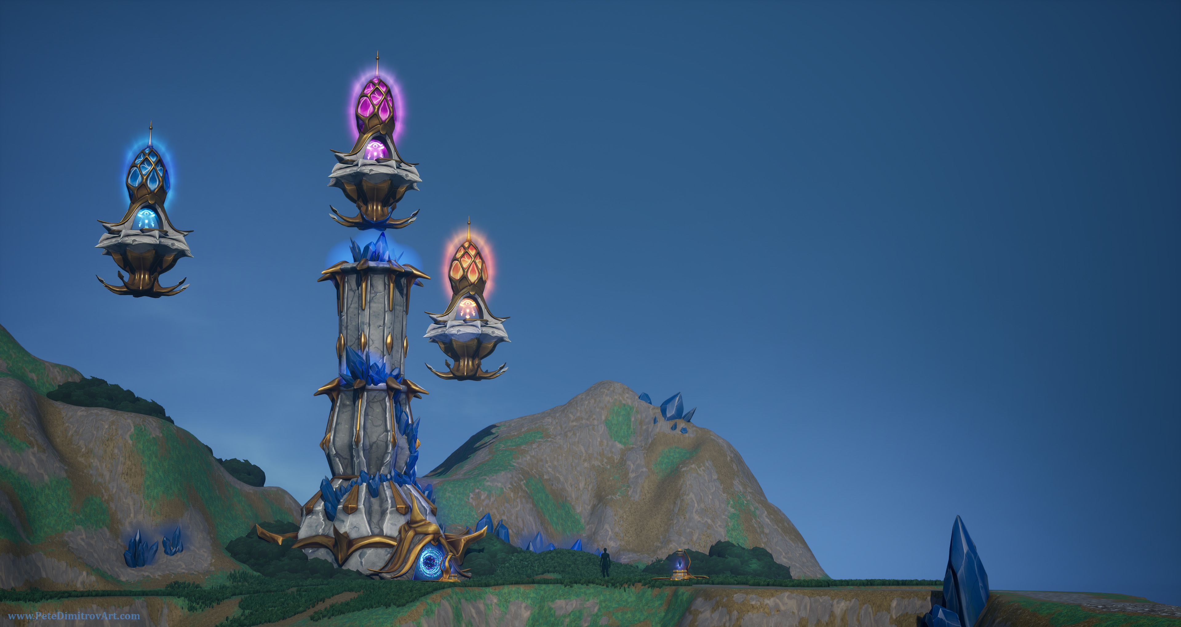 Screenshot from UE5 showing a side view of a fantasy tower. The image mostly shows an empty, blue sky. On the left, there is a tower with three floating spires, colored in blue, orange and pink. There are lots of blue crystals scattered around.